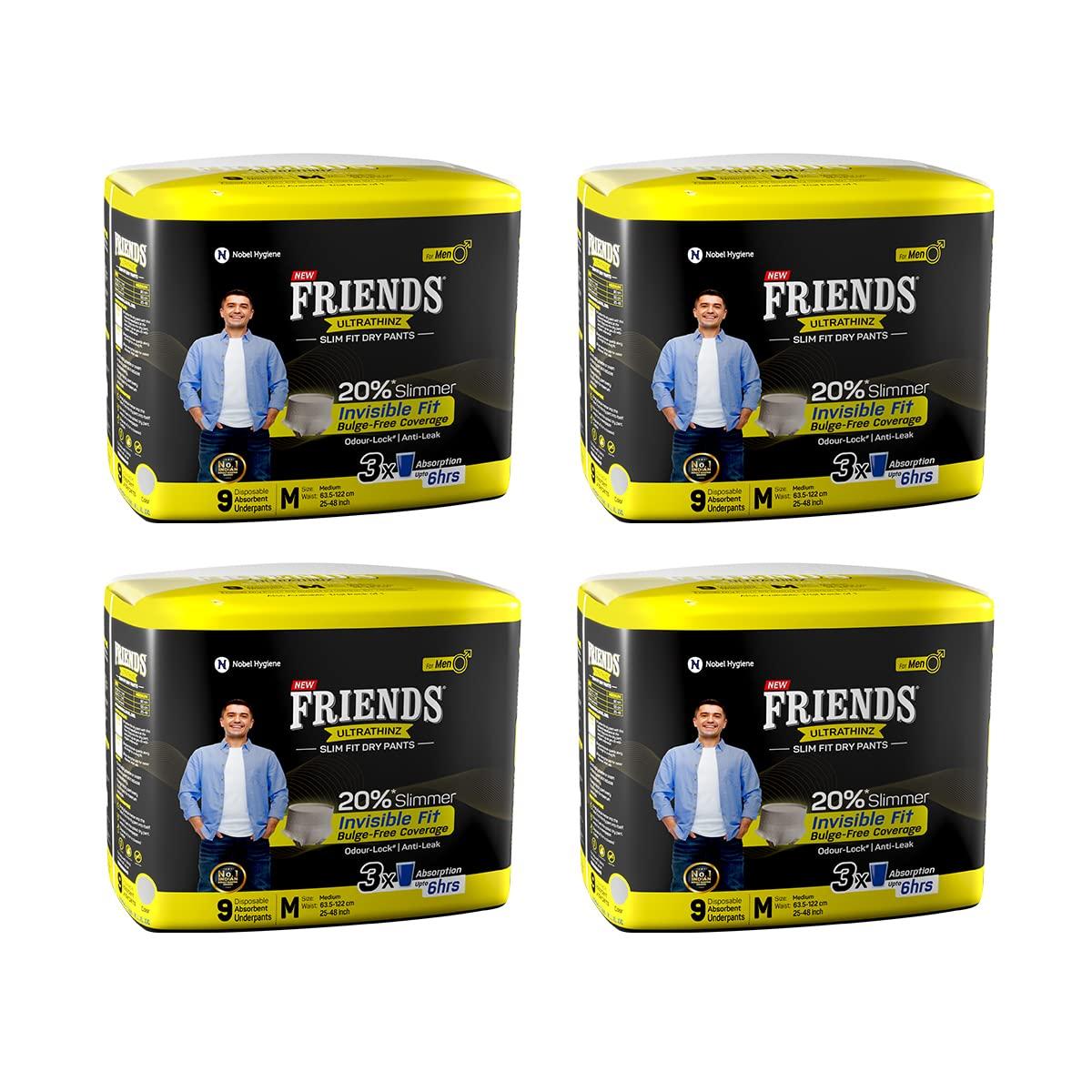 Friends Friends UltraThinz Slim Fit Adult Diapers (Dry Pants) for Men - Medium 36 Count - with thin design, grey colour, and anti-rash - Waist Size 25-48 Inch ;6 3.5-122 cm