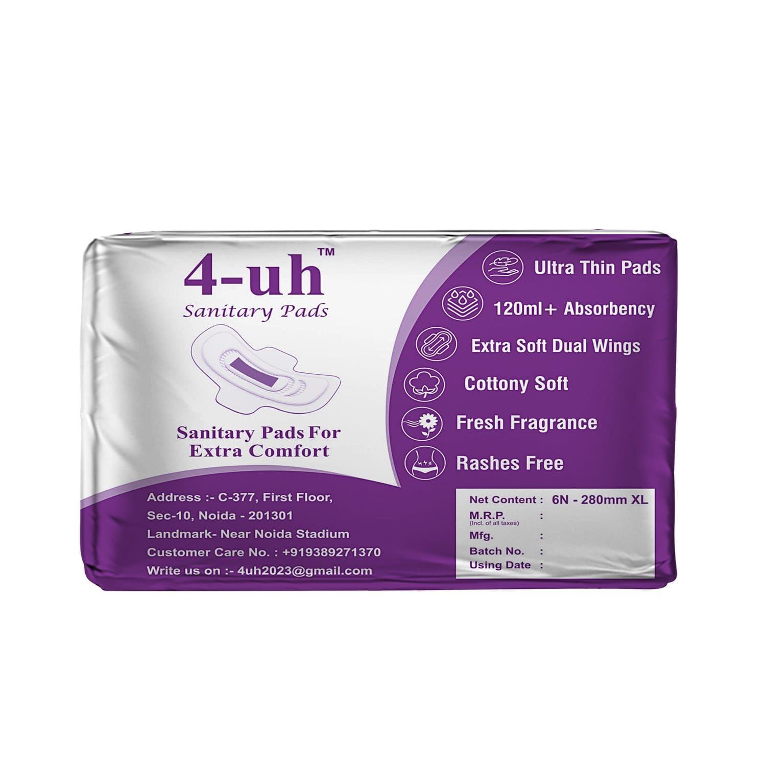 4-uh 4-uh Ultra Thin Cottony Soft Sanitary Pads for Women | Pads for Heavy Flow | Extra Long Wings (Pack of 12 Pads, XL, 280mm)