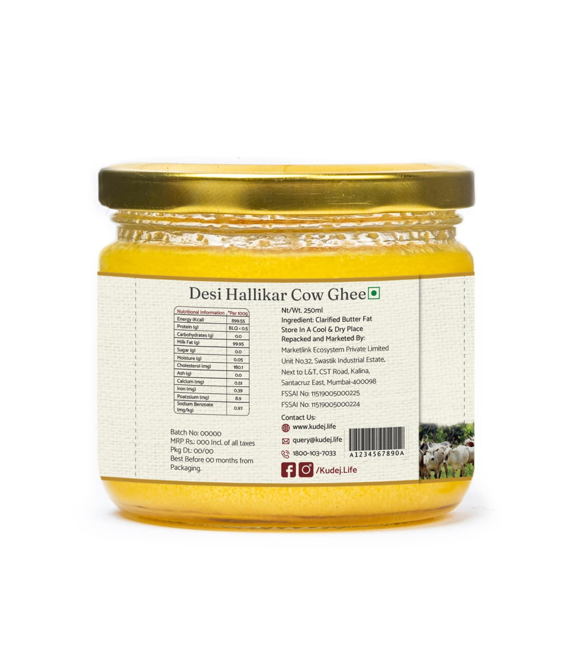 Kudej Kudej || Desi Hallikar Cow Pure A2 Ghee from Kaveri belt - 100% Bilona Churned Premium Cultured Ghee, Made using Ancient Vedic Processes, 250ML Glass Bottle with Sustainable Packaging