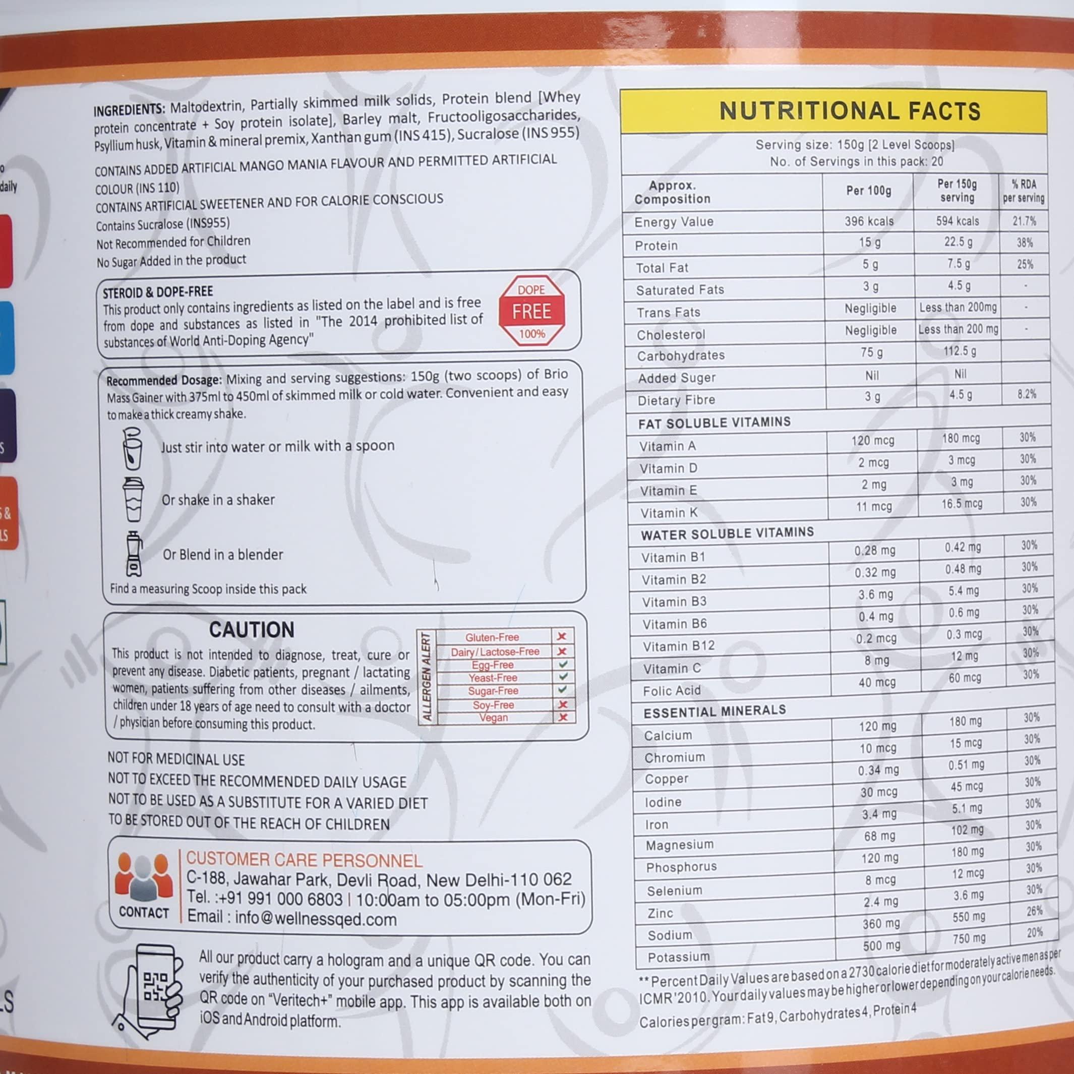 BRIO NUTRITION BRIO NUTRITION Mass Gainer - High Protein Complex Carbs Blend With Easy To Digest Formula. Chocolate Flavour - 3 Kg Pack