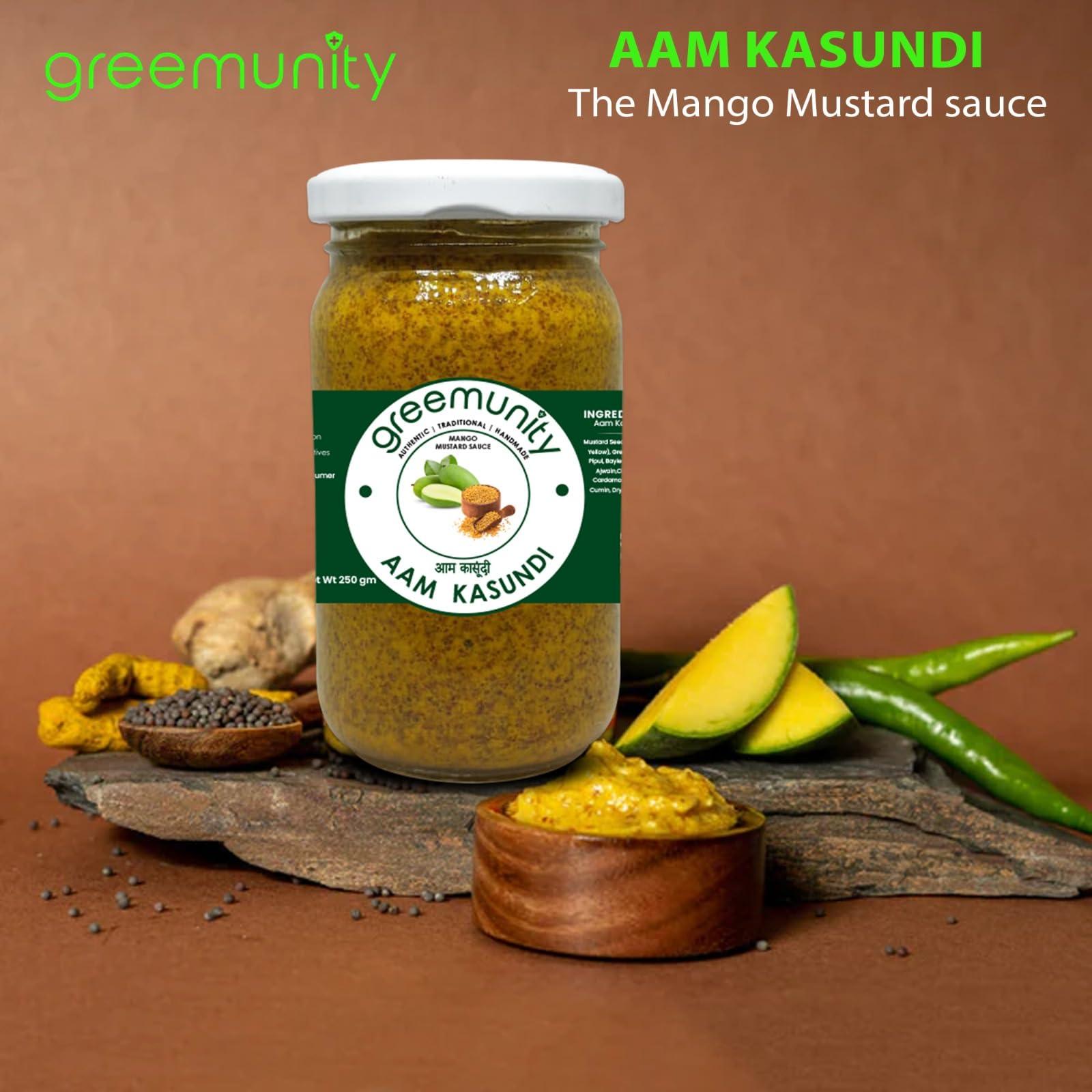 GREEMUNITY GREEMUNITY | Kasundi n Aam Kasundi Combo Pack - Original Bengali Kasundi - Authentic Handmade Orginal Bengali Kasundi n Mango Kasundi,Mustard Sauce and Mango Mustard Sauce 350 gms each [Pack of 2]