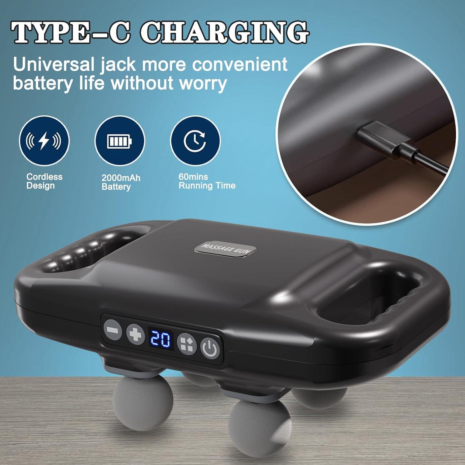 NavaFresh Basics Handheld Full Body Massager 4-Head Massage Gun Deep Tissue, Muscle Massager 20 Intensities & 6 Massage Modes, 4-Head Massager for Pain Relief in Back, Leg & Foot Neck, Shoulder and Body