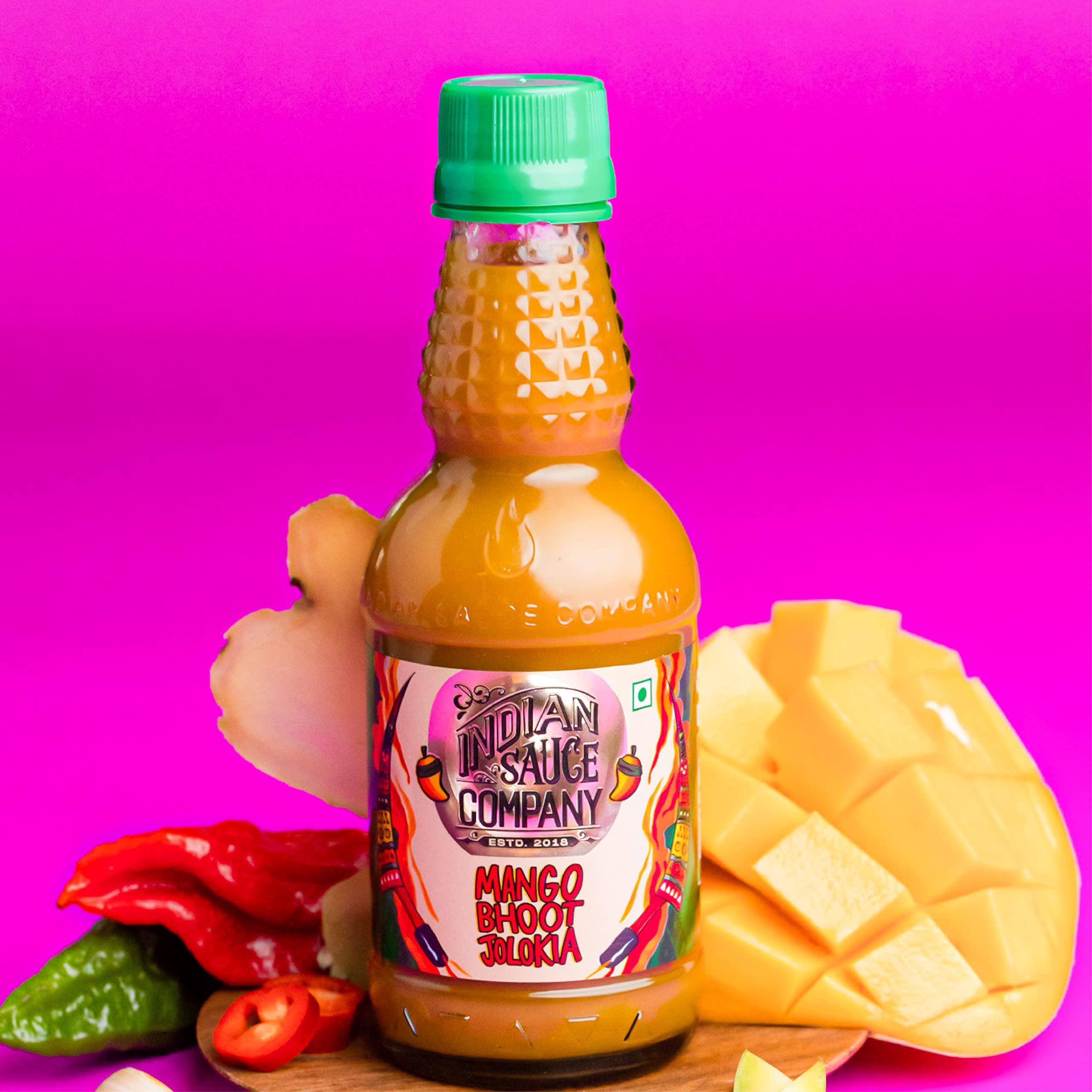 INDIAN SAUCE COMPANY Indian Sauce Company Mango Bhoot Jolokia Hot Sauce, 180 ml - Pack Of 2 | Perfect Blend of Flavour and Taste | Spicy Level 6 on 10 | Bhut Jolokia Chilli Sauce For All Cuisines | No Artificial Colours.