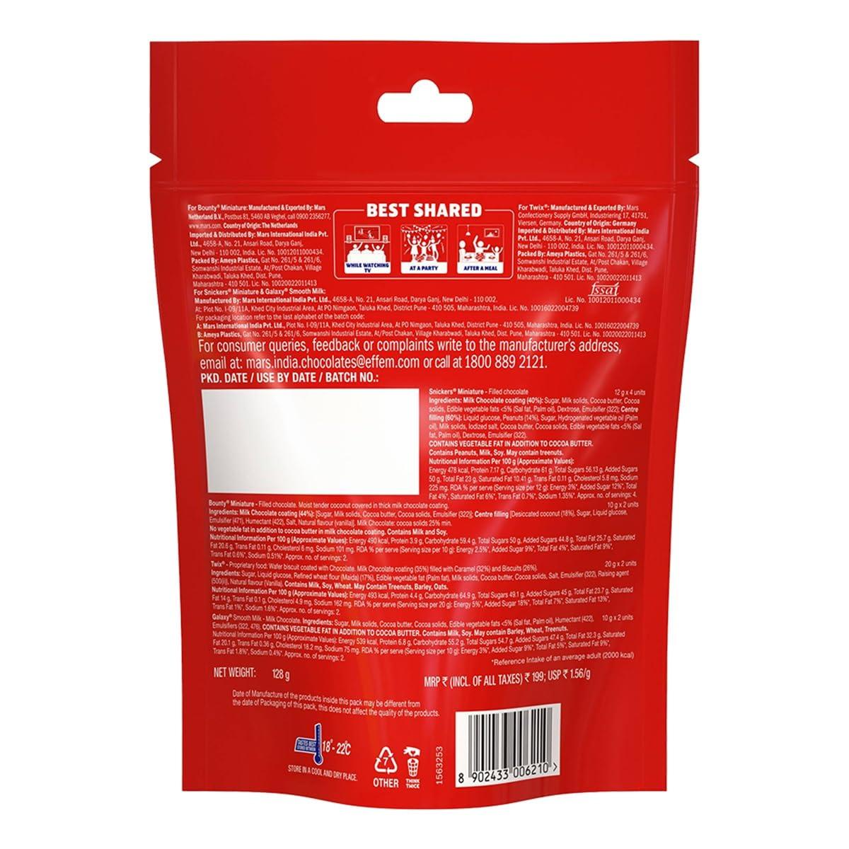 Mars Snickers Best of Minis Assorted Chocolates, Rakhi Gift Pack, Snickers Minis, Twix Minis, Galaxy Smooth Milk Minis, Bounty Minis, 128g, Pack of 3