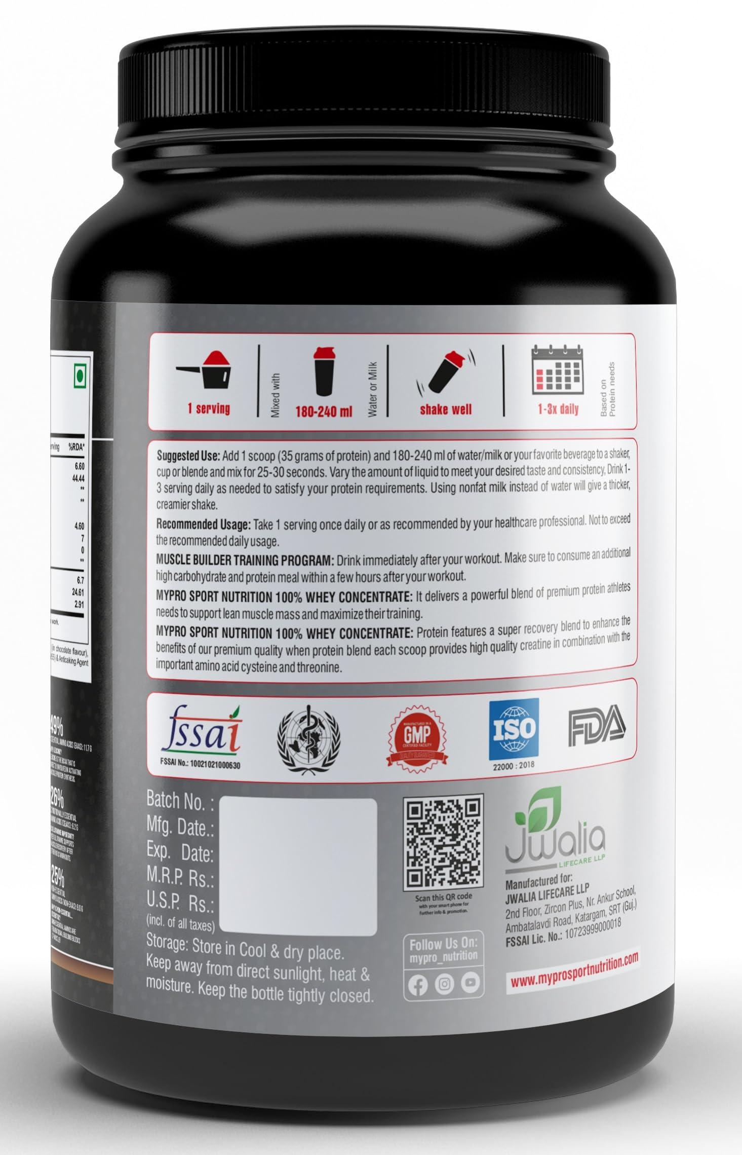 Mypro Sport Nutrition Mypro Sport Nutrition 100% Whey Protein Concentrate (24g Protein, 0g Sugar,5.5G BCAA,) Belgium Chocolate Flavor For Men And Women (1000 gm)