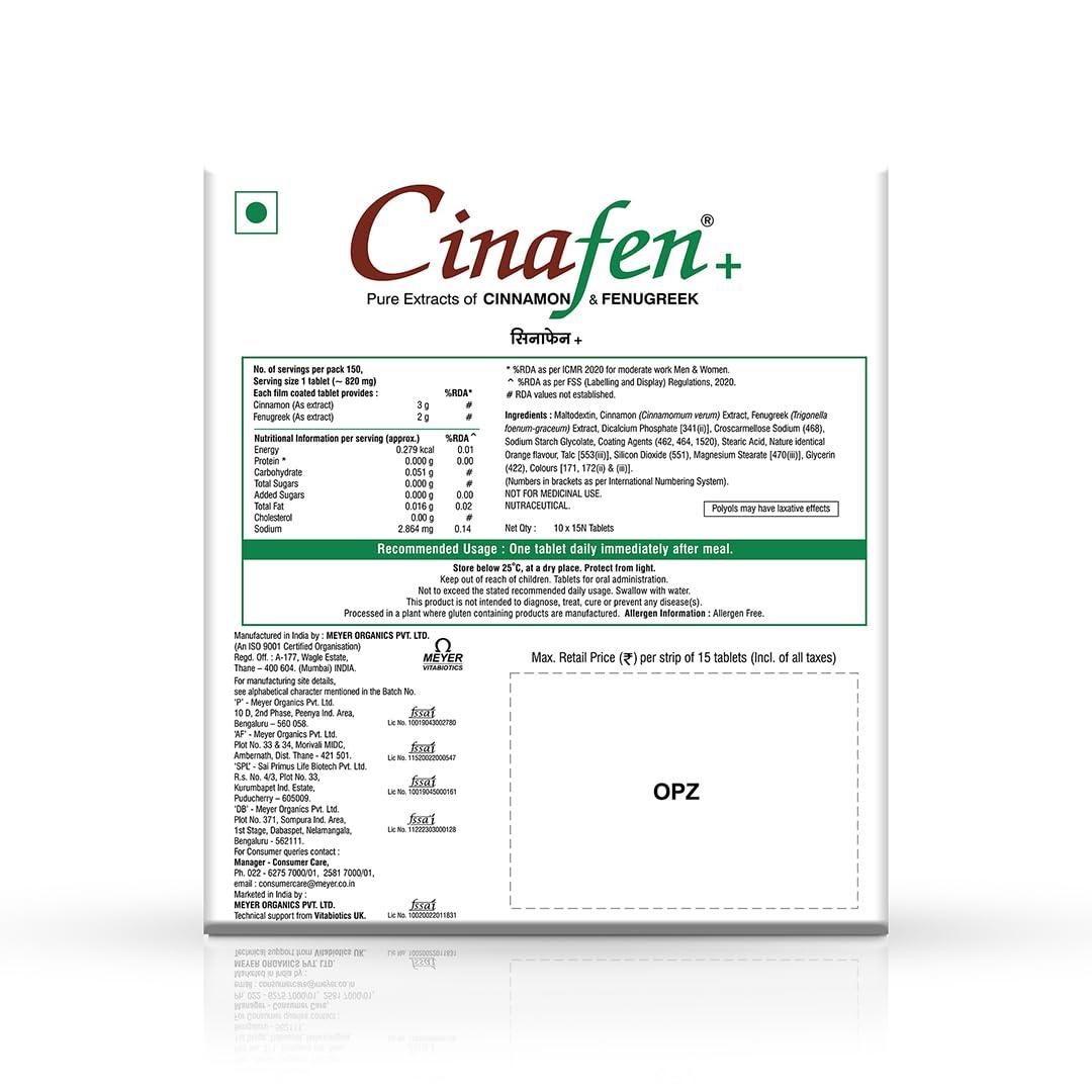 Cinafen Cinafen Plus Tablets With Cinnamon And Fenugreek Extracts To Improve Metabolism Recommended In Pre-Diabetes And Obesity |Vegtarian 15 Tablets (Pack of 3)