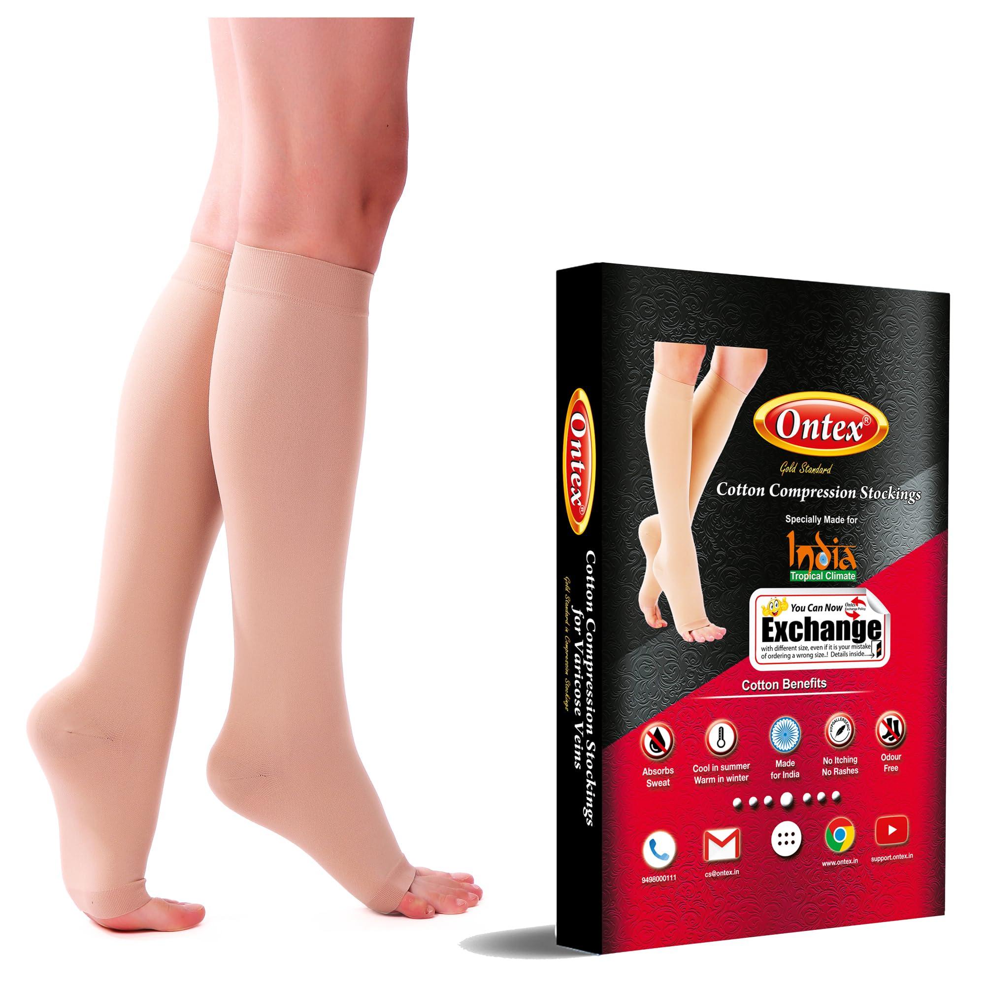 Ontex Ontex Cotton Compression Stockings for Varicose Veins Class 2 | Compression Socks for Women & Men | Varicose Vein Stockings | vericose socks for women | Knee Length - XXX-LARGE