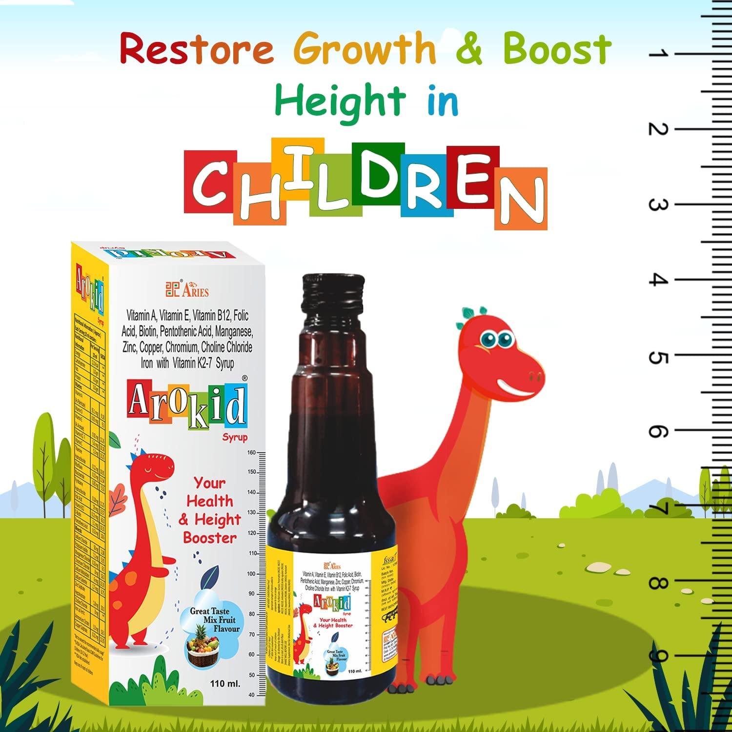 Arokid Arokid Aries Multivitamin&Multimineral Syrup For Kids With Iron,Zinc,Vitamin A,E,B12&K2-7 Health-Height Booster Great Taste Of Mix Fruit Strong Muscle And Better Immunity 110Ml(Pack Of 1)
