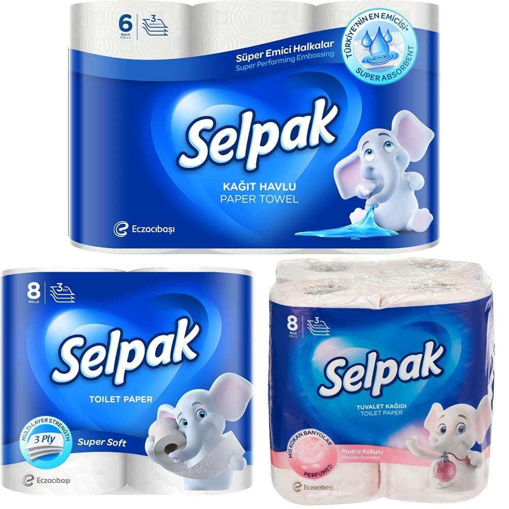 SELPAK Selpak Imported Paper Towel Kitchen Roll 3 Ply - 6 Rolls & Toilet Roll - 3Ply (8 Rolls/Pack) & Imported Perfumed Powder 3Ply Toilet Tissue Paper - 8 Rolls