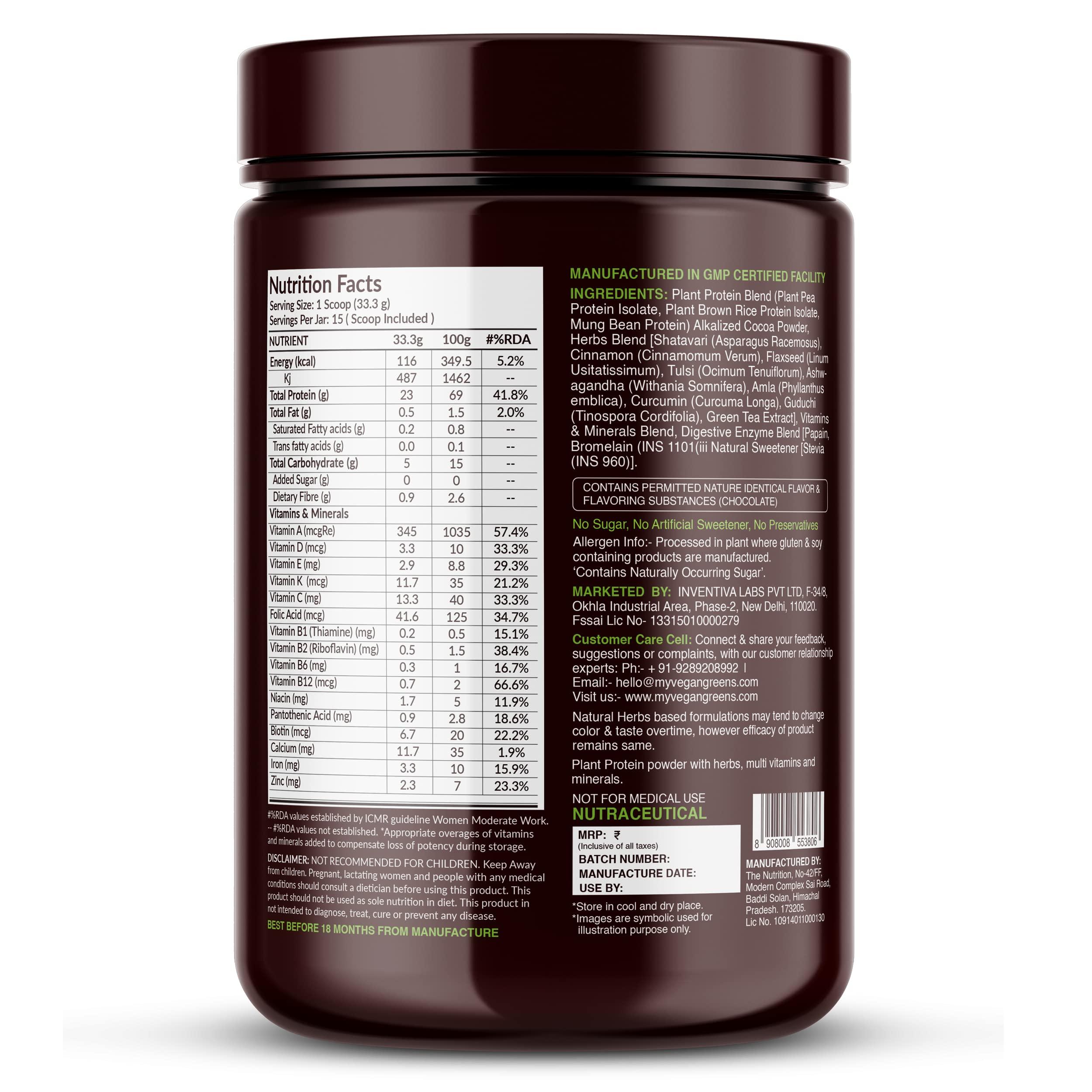 Vegan Greens Vegan Greens Women Plant Protein With Ayurvedic Herbs- Natural Clean Plant Protein, Herbs, Vitamins Minerals For Hormonal Balance, Metabolism & More (500g, Chocolate Delight)+ Green Everyday Shaker