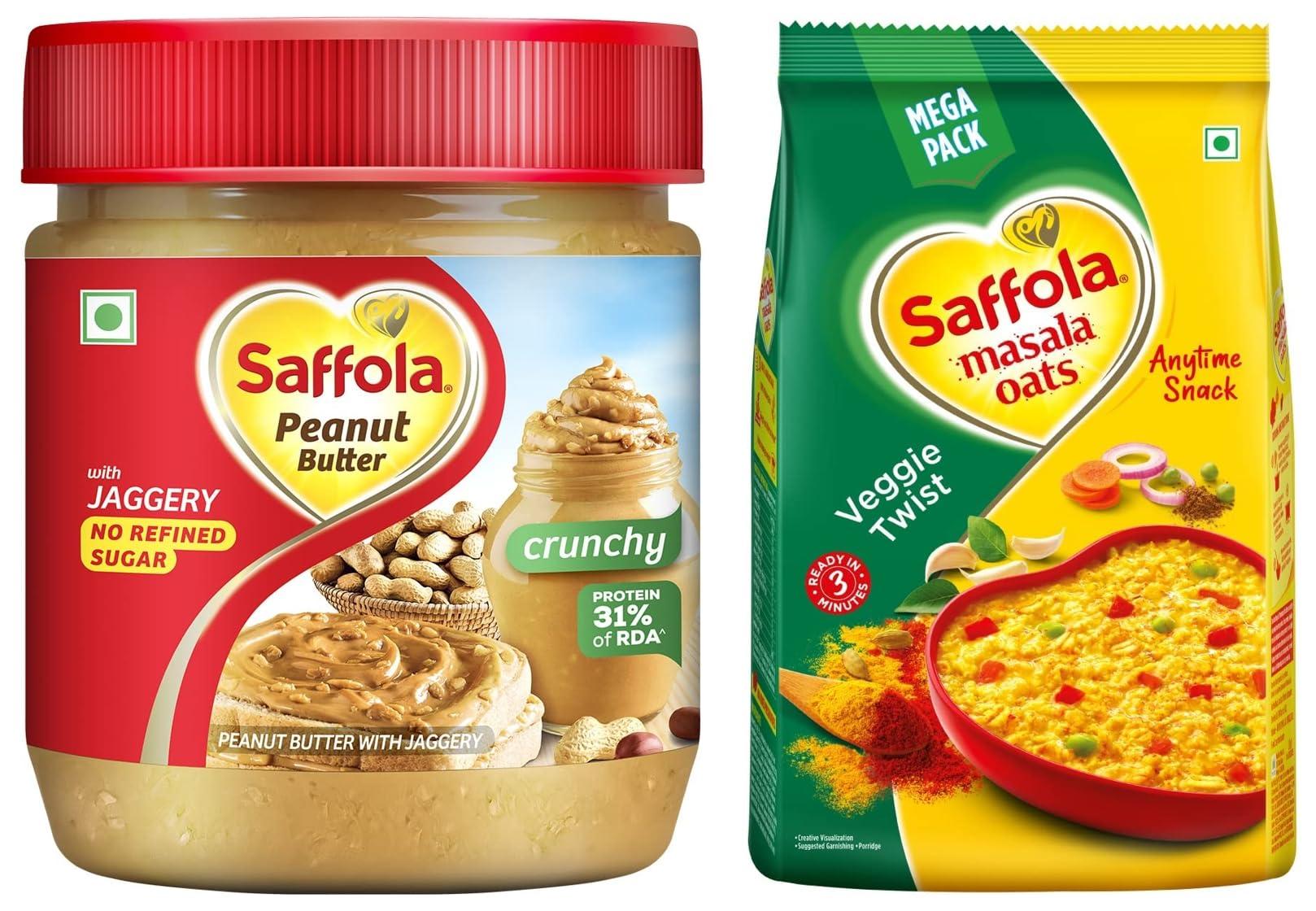 Saffola Saffola Masala Oats | Tasty Evening Snack| Healthy Snack| Veggie Twist| 500g & Saffola Peanut Butter Crunchy, 350 gm | High Protein Peanut Butter | Only Jaggery, No Refined Sugar