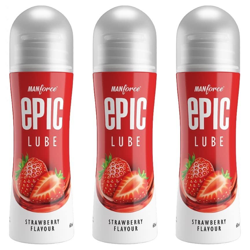 Manforce Epic Lube, Strawberry Flavoured Lubrication Gel for Men & Women, Water-Based Gel, Skin-Friendly, Safe to Use with Condoms, 60ml x 3