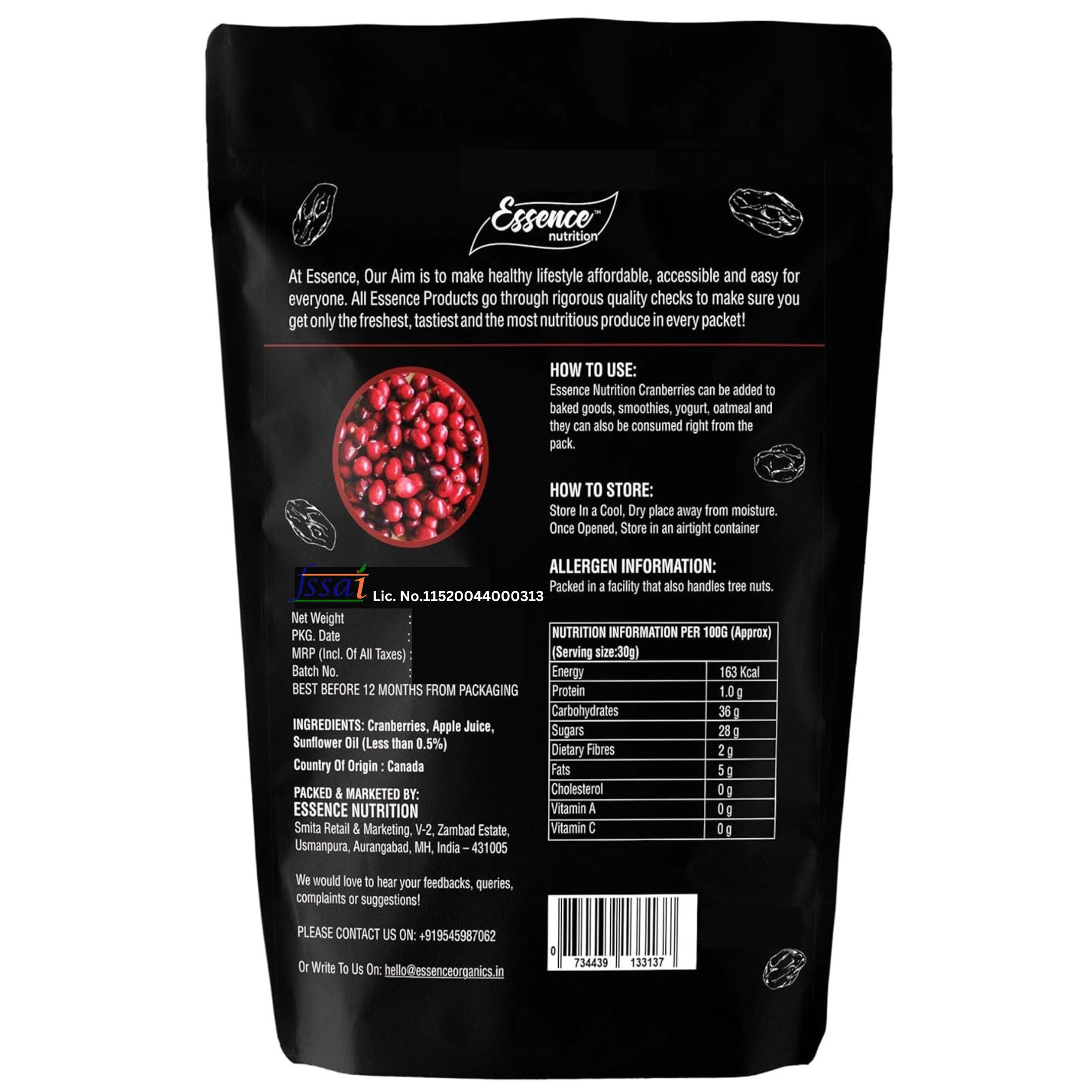 Essence Nutrition Essence Nutrition Whole Dried Cranberries (250 Grams) - Gluten Free, Unsulphured [ Imported From Canada ] - Cranberry Dry Fruit Without Sugar