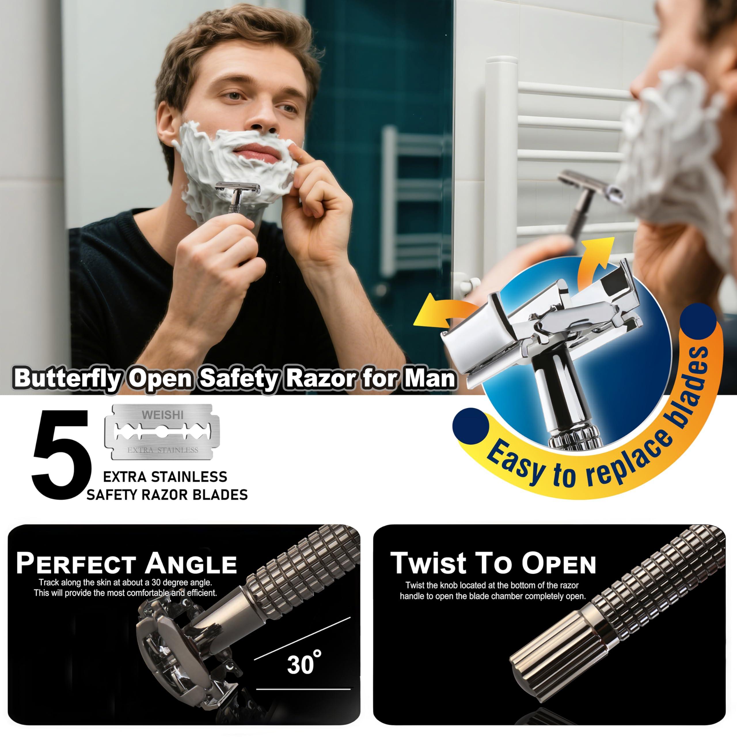 WEISHI WEISHI Long Handle Version Butterfly Open Double Edge Safety Razor.