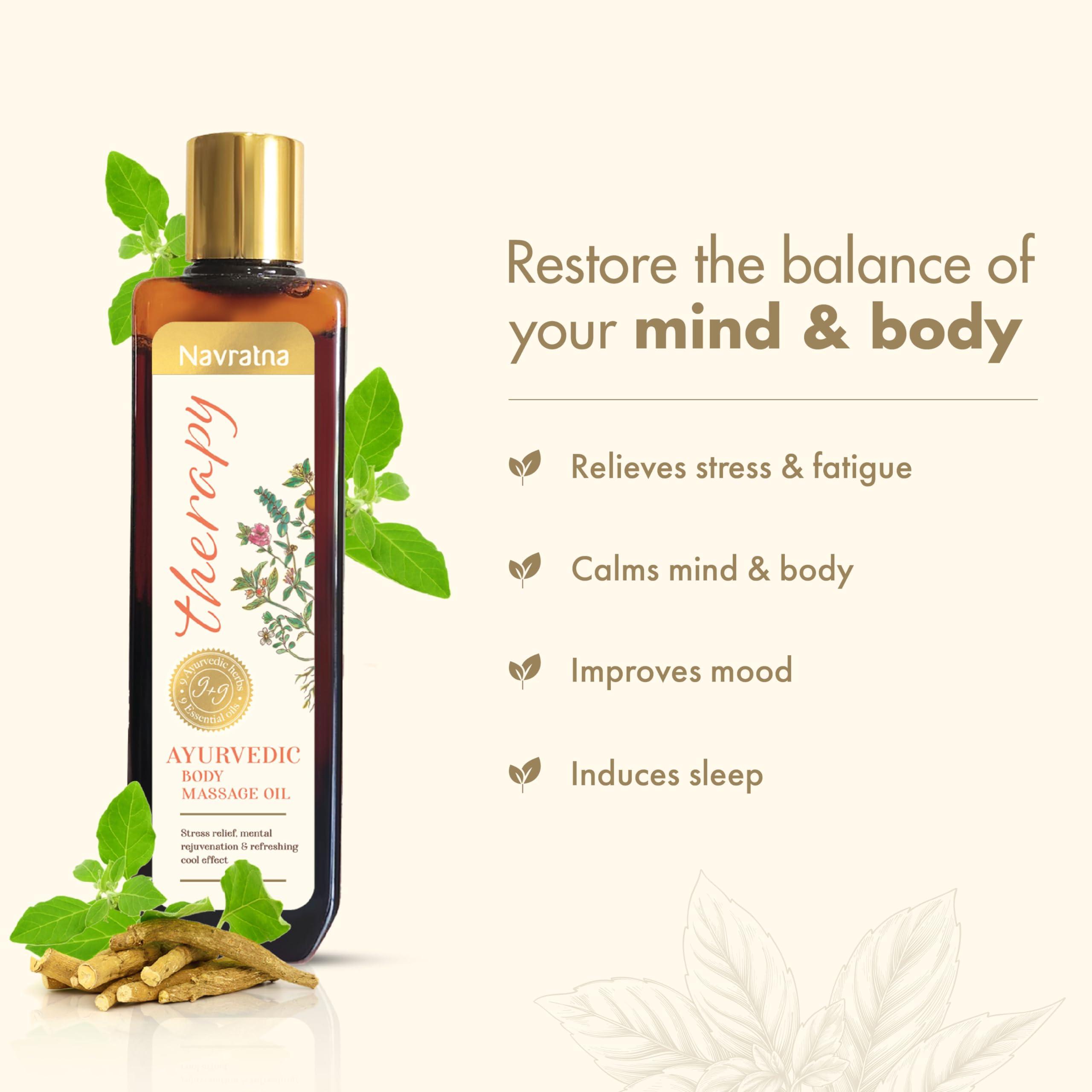 Navratna Navratna Therapy Ayurvedic Body Massage Oil | With Ashwagandha & Orange Oil for Stress Relief & Rejuvenation | Aromatherapy Oil for relieving fatigue | Mood Uplifting | Relaxing Massage Oil for Full Body | For Women & Men, 100ml