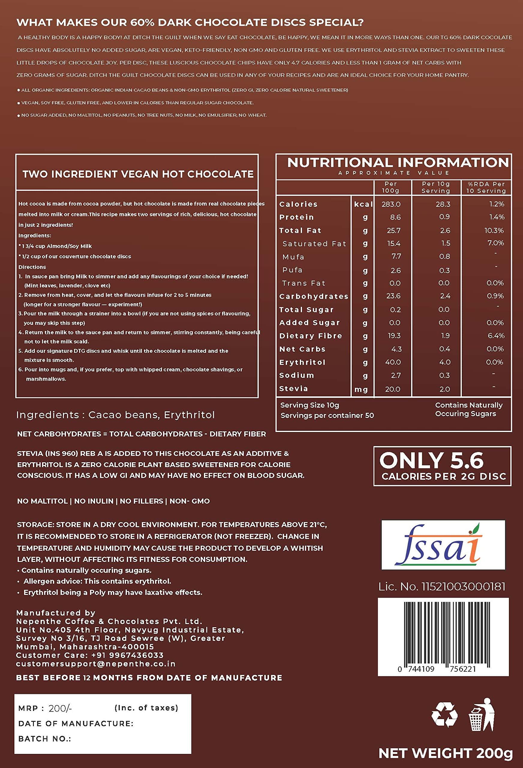 Nepenthe Coffee and Chocolates Nepenthe Coffee and Chocolates Ditch The Guilt - 60% Cacao Minis - Sugar Free Vegan Dark Chocolate - Stevia Sweetened - Granola & Oats, Smoothies - Milk Shakes & Protein Shakes 200G