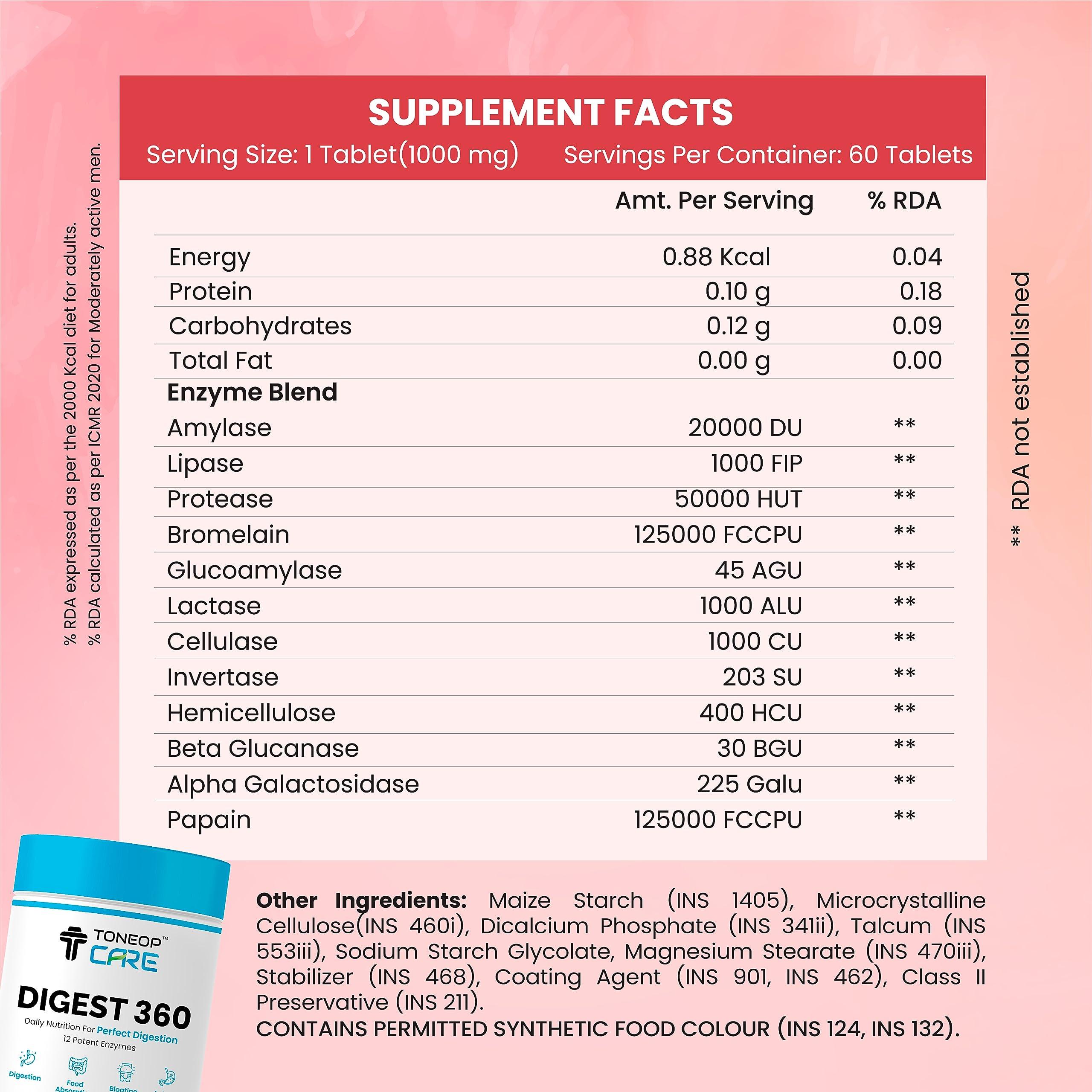 ToneOp Care ToneOp Care Digest 360 - Improves Digestion & Relief From Bloating | Helps in Reducing Acidity | With a Powerful Blend of 12 Enzymes | For Complete Digestive Care | 60 Tablets