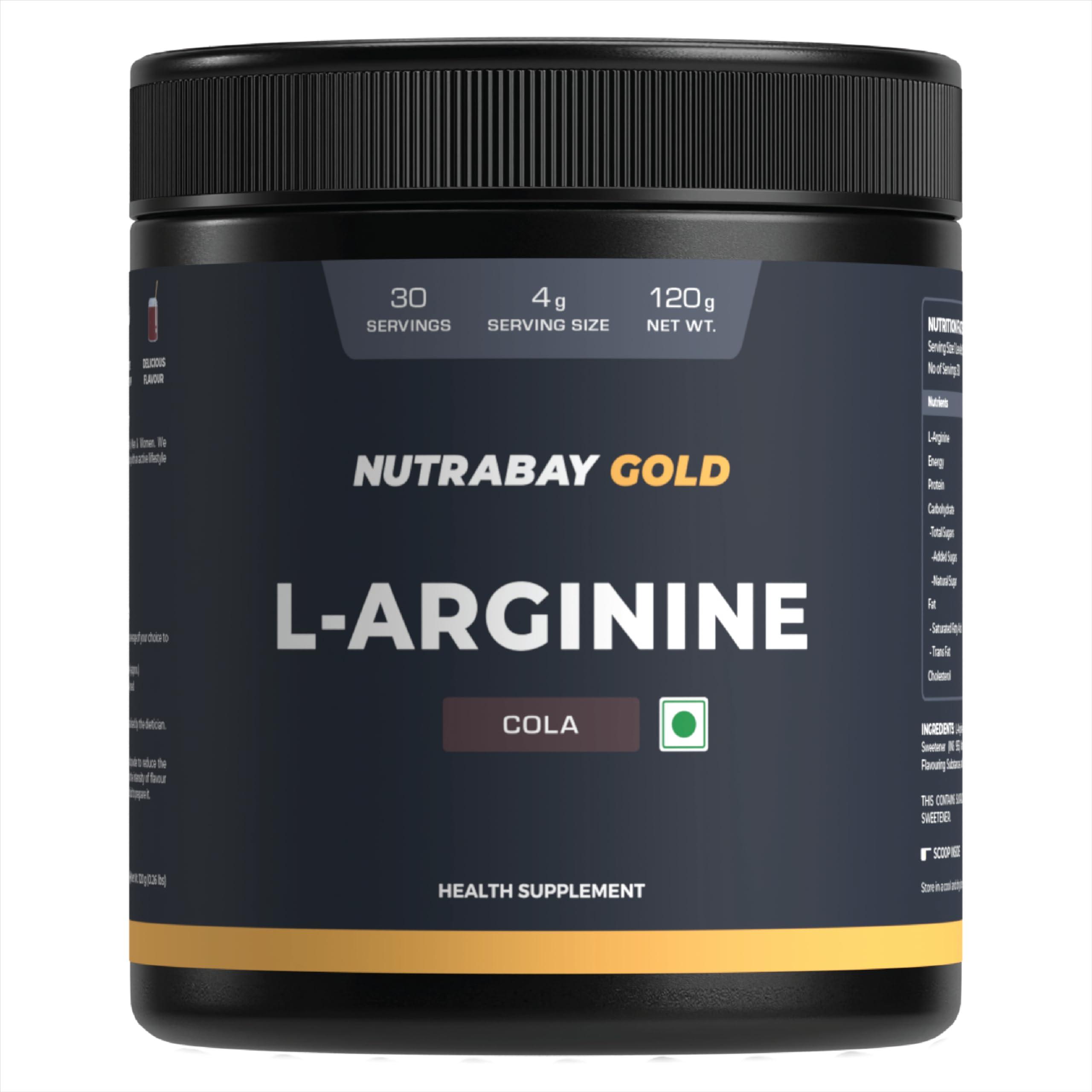 Nutrabay Nutrabay Gold L-Arginine Supplement Powder - 120g, Cola Flavor | Pre Workout Amino Acid for Endurance, Muscle Building & Faster Recovery