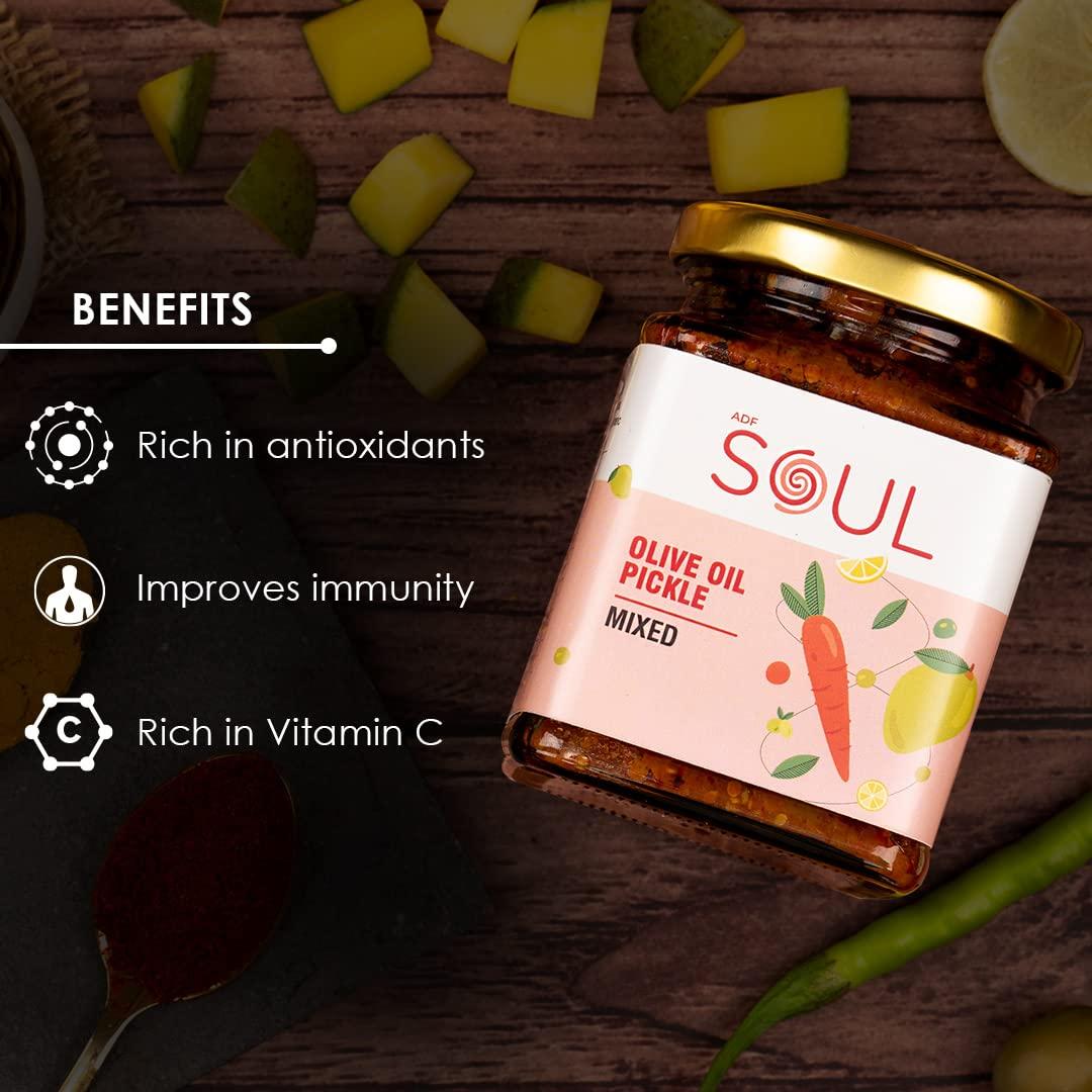 ADF Soul Soul Pickle In Olive Oil Combo Pack of 3 (Mango Pickle 275 GM + Mixed Pickle 275 Gm + Date and Tamarind Chhutney 325 GM)