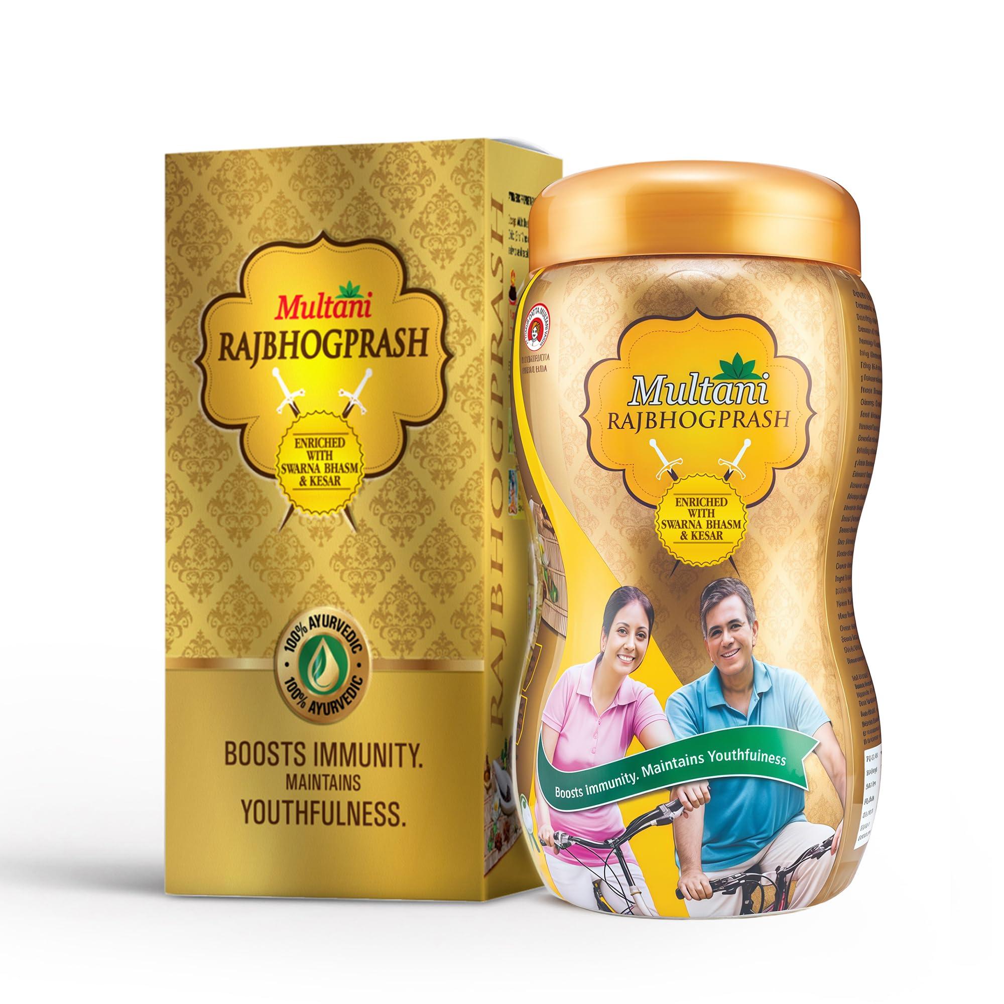 Multani Multani Rajbhogprash | 100% Ayurvedic Formula | Swarna(Gold), Chandi, Kesar, Chandan, Amla & 27 Ayurvedic Herb | All Purpose Ayurvedic Chyawanprash For Year-Round Since 1938 | 500 gm