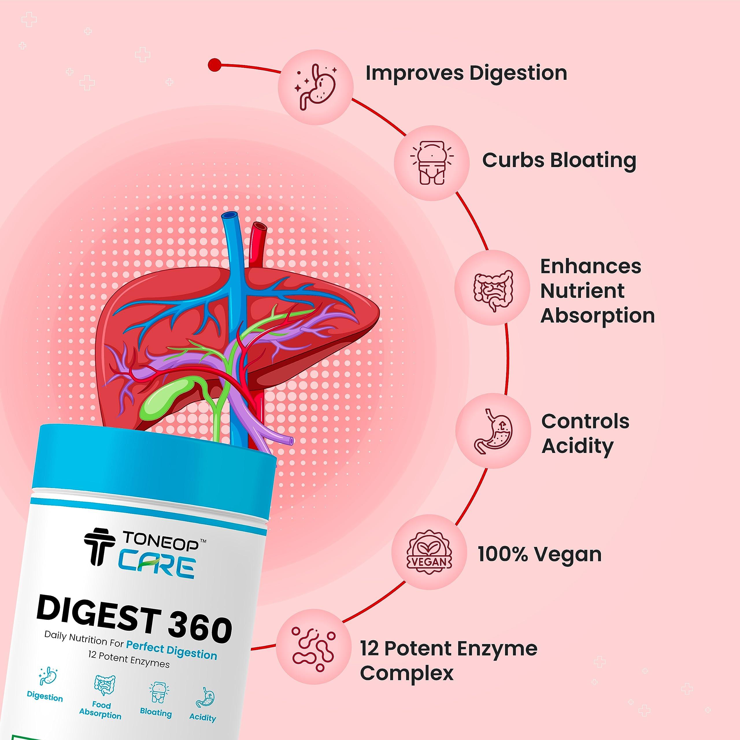 ToneOp Care ToneOp Care Digest 360 - Improves Digestion & Relief From Bloating | Helps in Reducing Acidity | With a Powerful Blend of 12 Enzymes | For Complete Digestive Care | 60 Tablets