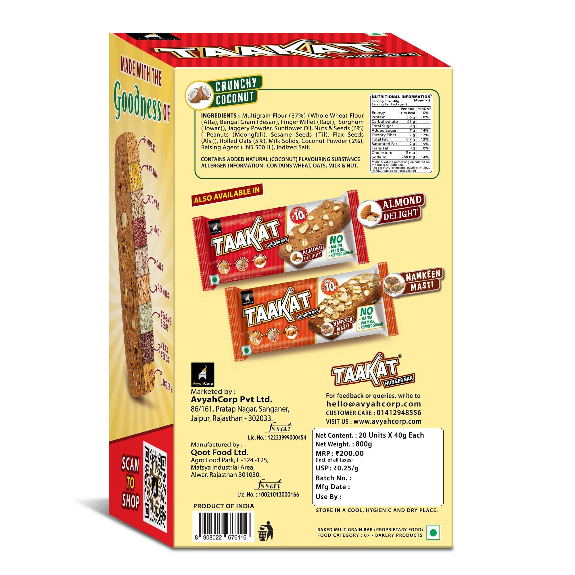 Taakat Hunger Bar Taakat Hunger Bar Crunchy Coconut - Pack of 20 bars | Multigrain | Nuts & Seeds | Pure Jaggery | 5g Protein | Source of Fiber | No Maida | No Palm Oil | No Refined Sugar | Baked & Crunchy | Tasty & Filling