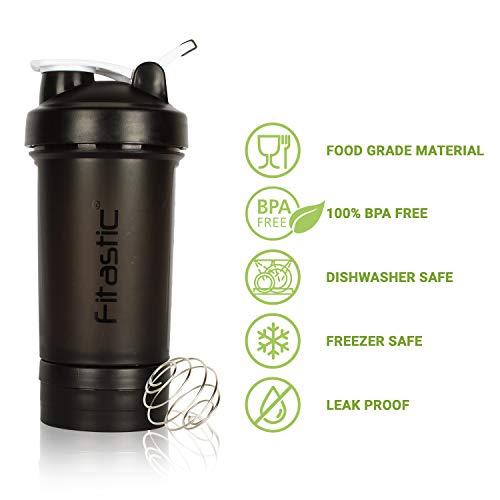 FITASTIC Fitastic ProMax Shaker Bottle 500ml with Extra Storage Compartment 100% Leakproof Guarantee, Ideal for Protein for Gym(Pack of 1, Black, Plastic)