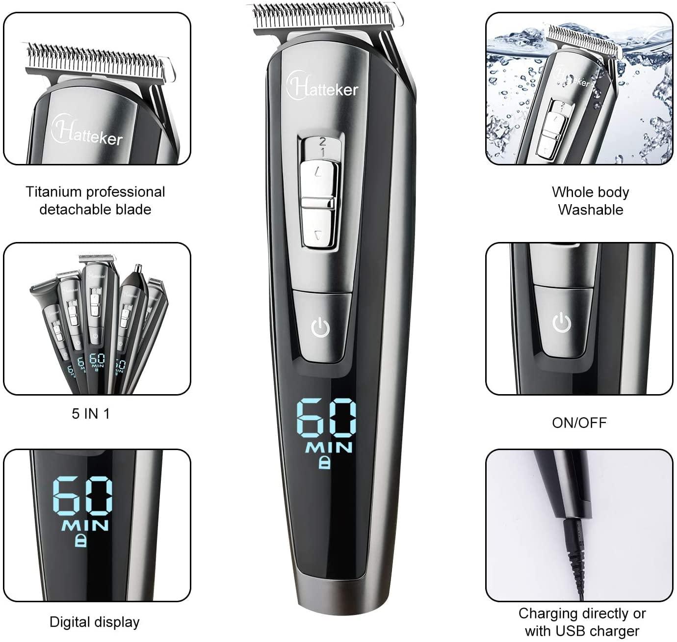 Hatteker Hatteker Hair Clipper Beard Trimmer Kit for Men Cordless Hair Mustache Trimmer Hair Cutting Groomer Kit Precision Trimmer Waterproof USB Rechargeable 5 in 1
