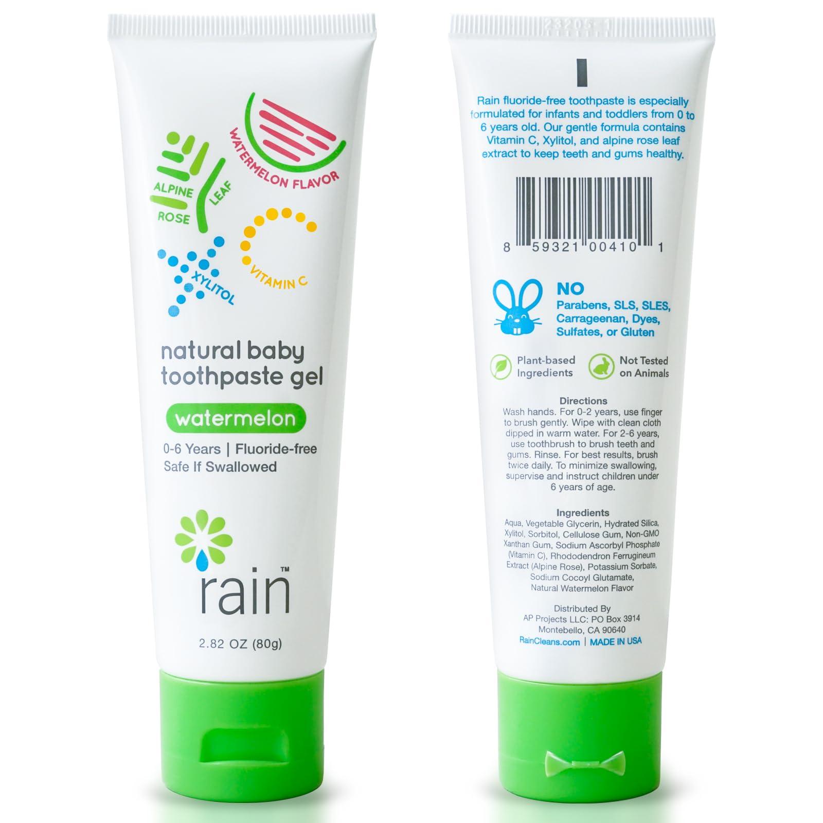 Rain Natural Products Rain Natural Baby Fluoride Free Kids Toothpaste Gel - Non Toxic Safe to Swallow Infant Toddler Tooth Paste, 2.8 Oz, Babies Training, Ages 6 to 12 months and Up Vitamin C Watermelon Toothpaste for Kids