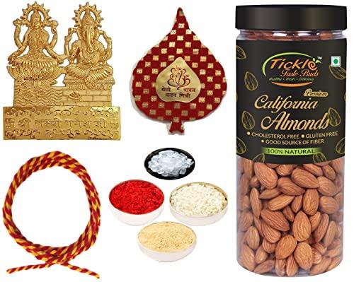 Velour Shoppe Diwali Bhaubij Gifts for Bhai Dooj Gift: Lakshmi Ganesh Idol with Almond Jar 250gms, Roli, Moli, Chandan, Chawal, Misri