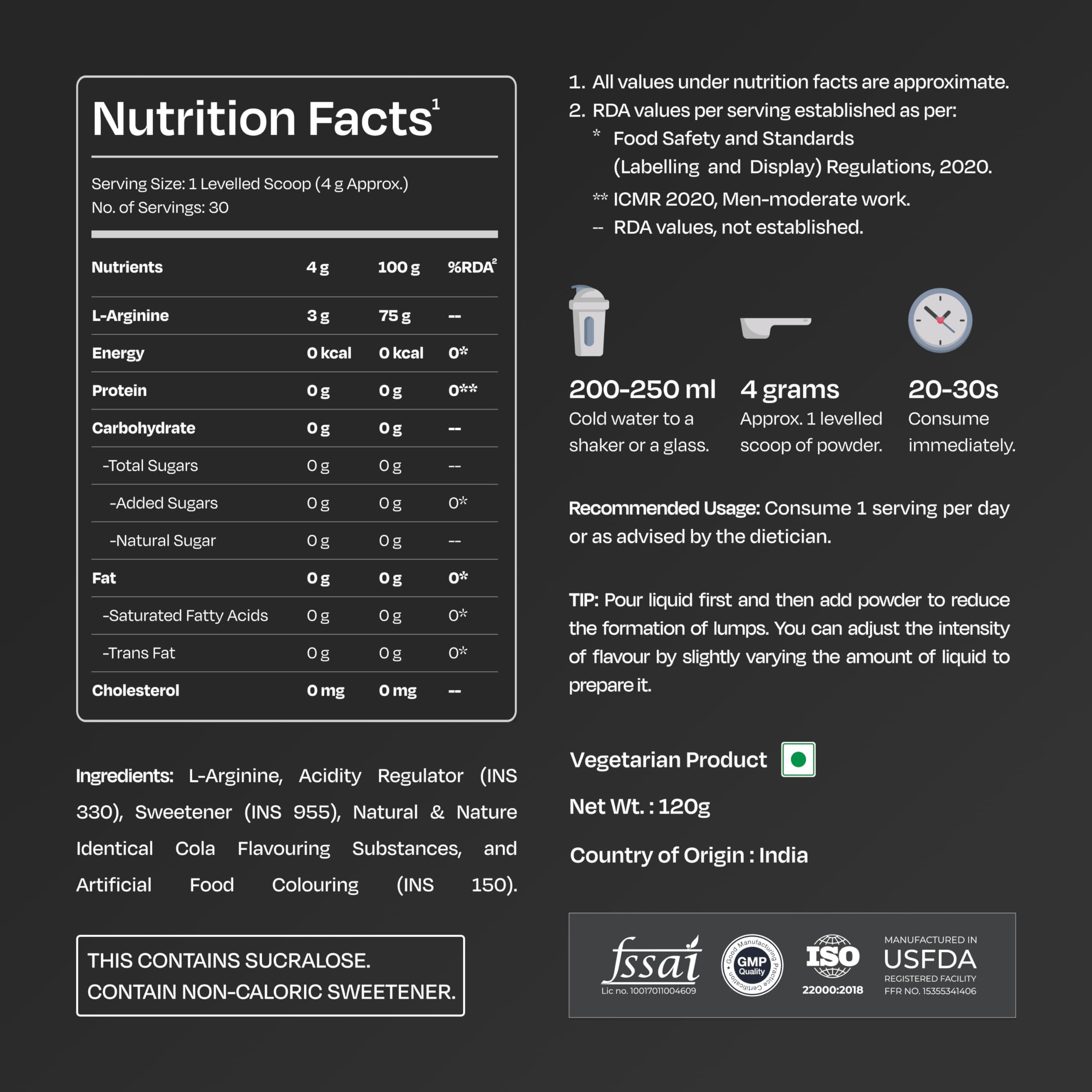 Nutrabay Nutrabay Gold L-Arginine Supplement Powder - 120g, Cola Flavor | Pre Workout Amino Acid for Endurance, Muscle Building & Faster Recovery