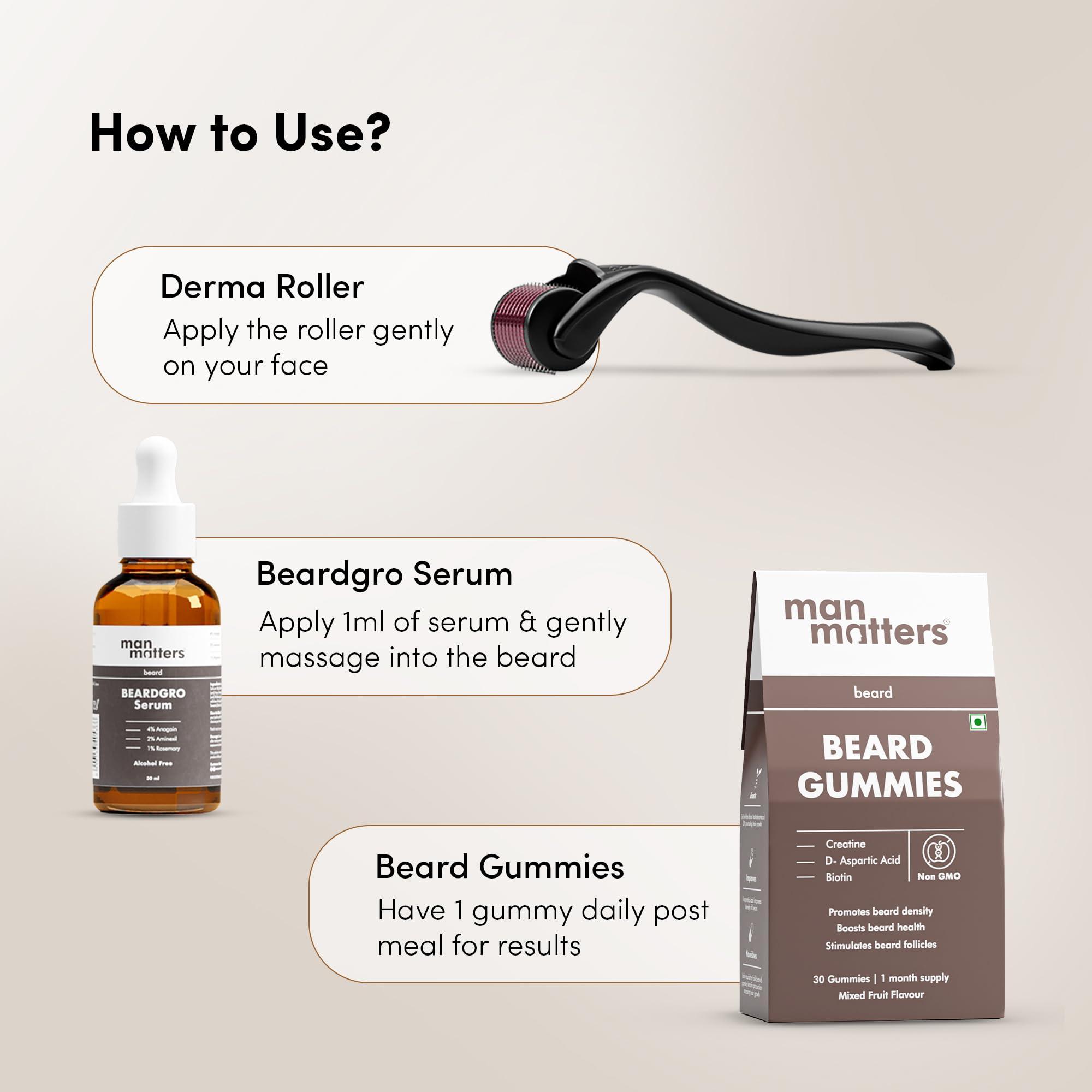 Man Matters Man Matters Ultimate Beard Growth Kit With Beard Serum, Beard Gummies & Advance Derma Roller | With 4% Anagain, 1% Rosemary, Biotin | For Beard Growth & Nourishment | SLS & Alcohol Free, 100% Vegan