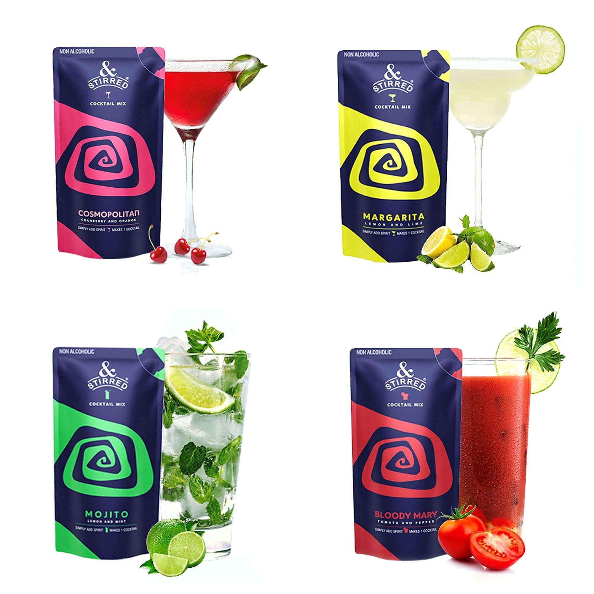 &STIRRED COCKTAIL MIX &Stirred Cocktail Mix - Assorted Pack for Vodka, Rum & Tequila Cocktail Mixer (Combo Pack of 8) Made with Real Fruits No Preservatives / No Artificial Sweeteners Makes 8 Drinks