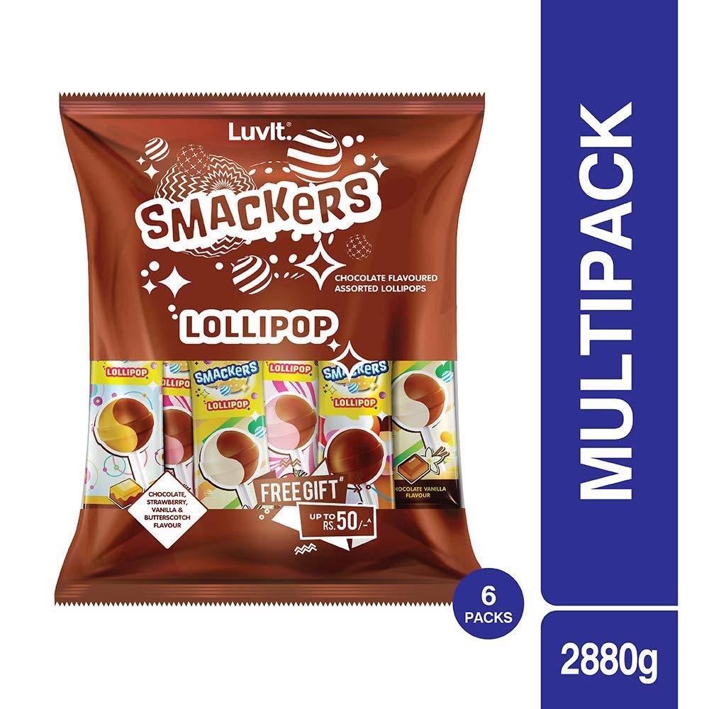LuvIt LuvIt. Smackers Chocolate Flavoured Lollipops (Chocolate Butterscotch, Chocolate Vanilla, Chocolate Strawberry & Chocolate) | Pack Of 6- 480 Gm Each