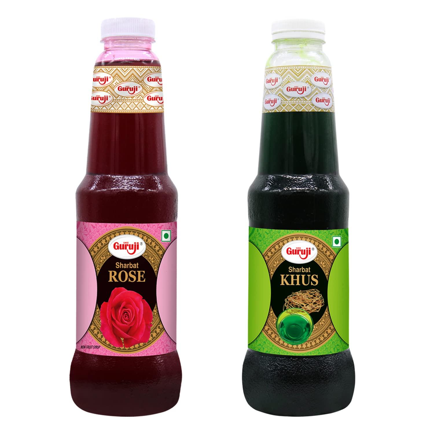 SHREE Guruji SHREE Guruji Rose Sharbat & Khus Sharbat Combo Pack Sizzling Beverage Instant Refreshing Syrup Drink For Summer (1 Litre), Liquid