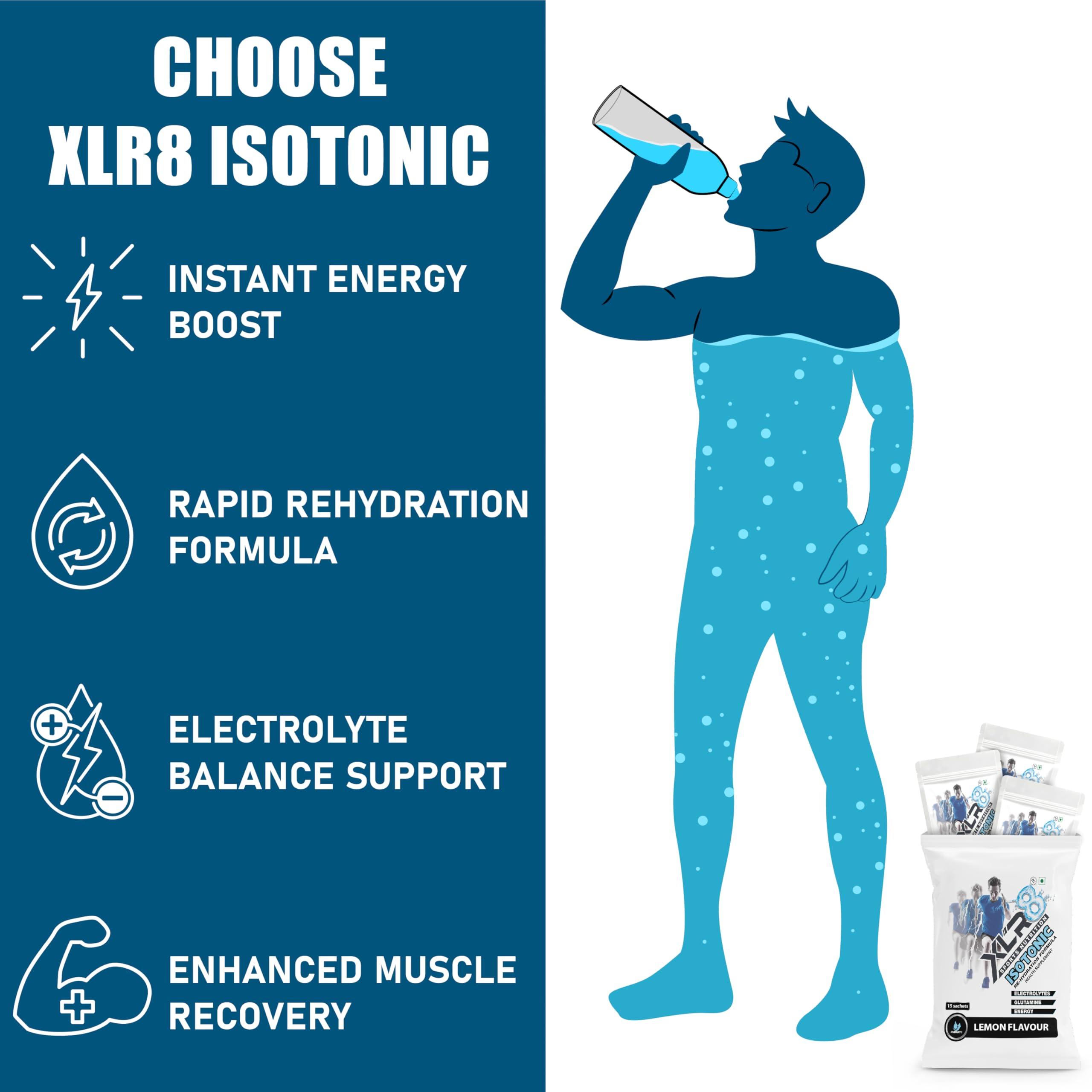 XLR8 XLR8 Isotonic Instant Energy Drink, Electrolyte Powder, Rehydration Formula for Extended Workouts (Lemon Flavour, Pack of 15)
