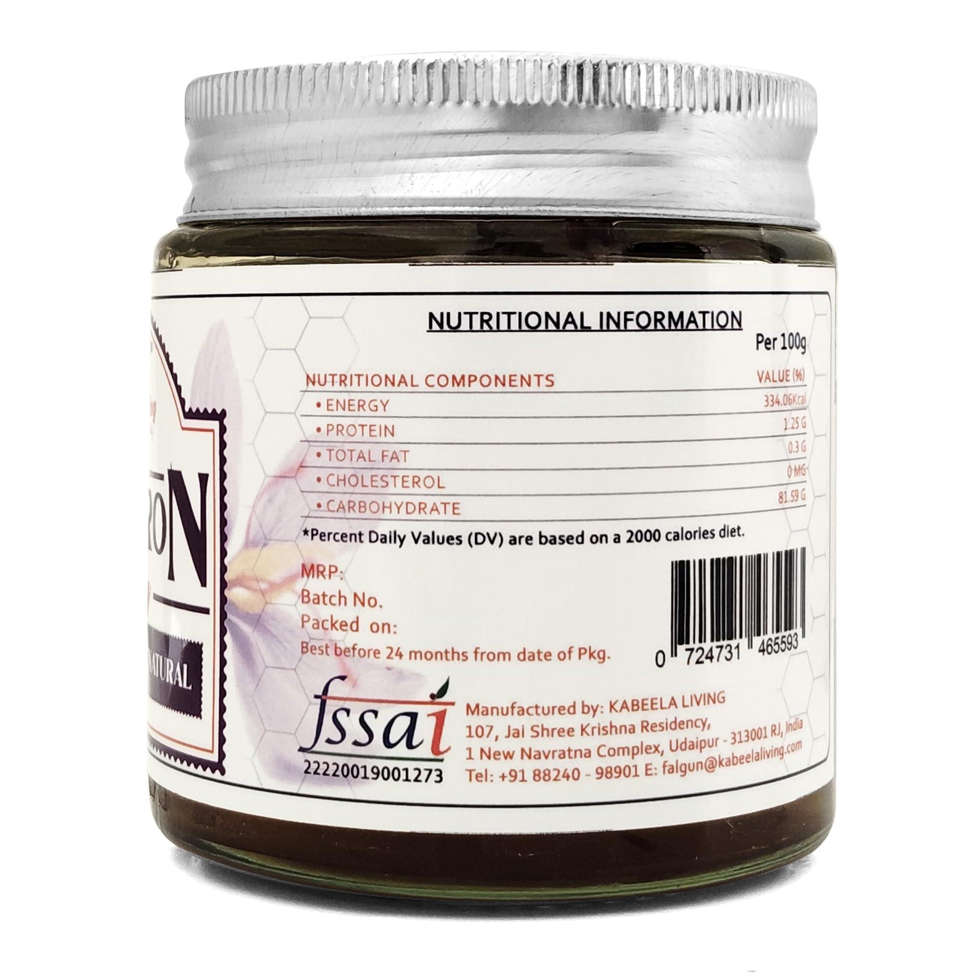 KABEELA LIVING Kabeela Living Saffron Honey, 100% Pure Kashmiri Kesar Honey 250g Reusable Glass Jar | Saffron Infused Raw Honey with Mongra Saffron Threads | Unprocessed Aravali Forest Wildflower Honey