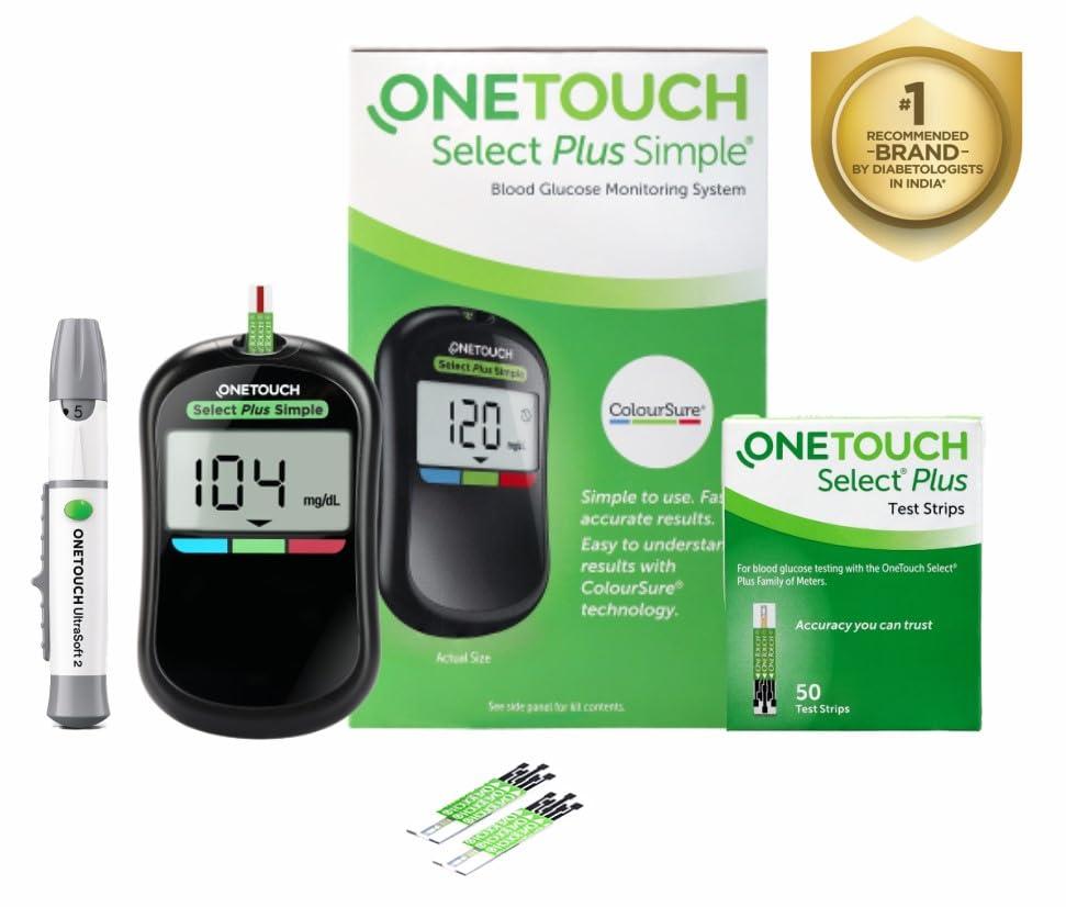 OneTouch OneTouch Select Plus Simple glucometer machine with 50 Test Strips | Simple & accurate testing of Blood sugar levels at home | Global Iconic Brand | Includes 10 Sterile Lancets + 1 Lancing device