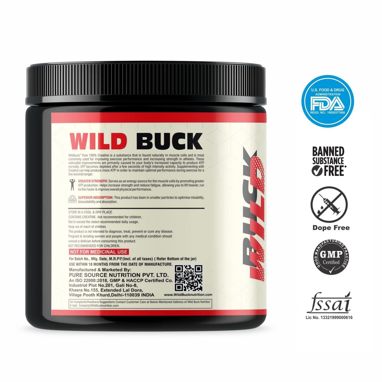 WILD BUCK WILD BUCK Wild Pre-X3 Hardcore Pre-Workout Supplement Powder, Energy Drink Monohydrate, Men,Women [30-60 Servings, Pina Colada, 255G] + Monohydrate Powder, [33 Servings, Unflavoured]