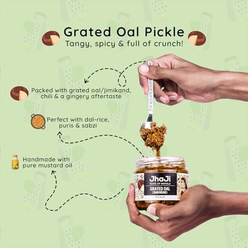 JhaJi - Taste of Mithila JhaJi - Taste of Mithila Oal Ginger Chilli Mix Pickle | Tangy, Spicy, And Gingery Aftertaste | Grated Jimikand Pieces | Sun-Dried | Bihari-Style Homemade Pickle, 500G