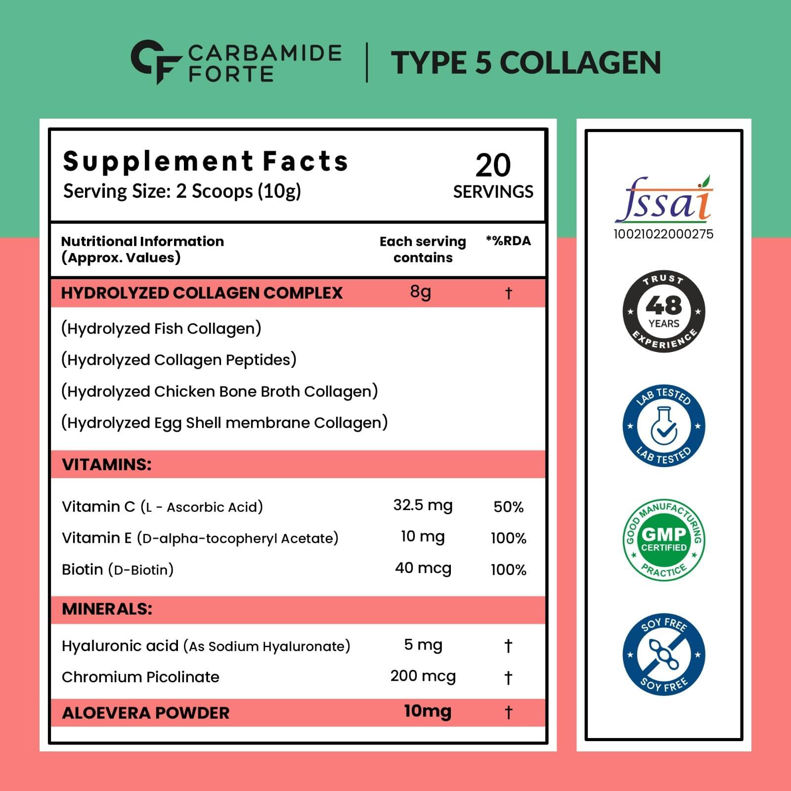 Carbamide Forte Carbamide Forte Hydrolyzed Multi Collagen Powder With Marine Collagen, All 5 Types of Collagen Peptides Included - TYPE I, II, III, V, X Collagen Supplements for Women & Men, Watermelon Flavor - 200g