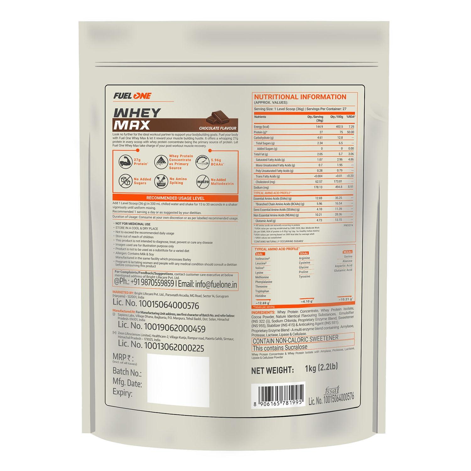 FUELONE FUELONE Whey Max (Chocolate, 1kg / 2.2lbs) | Whey Protein Concentrate & Whey Protein Isolate | 27g Protein & Creatine Monohydrate (Unflavoured, 100g, 33 Servings) | Combo Pack