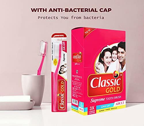 Classic gold Classic Gold Supreme Super Soft Manual Toothbrush For Adults Pack Of 12 With New Anti Bacterial Crystal Clear Cap And Also Premium Dupont Bristles