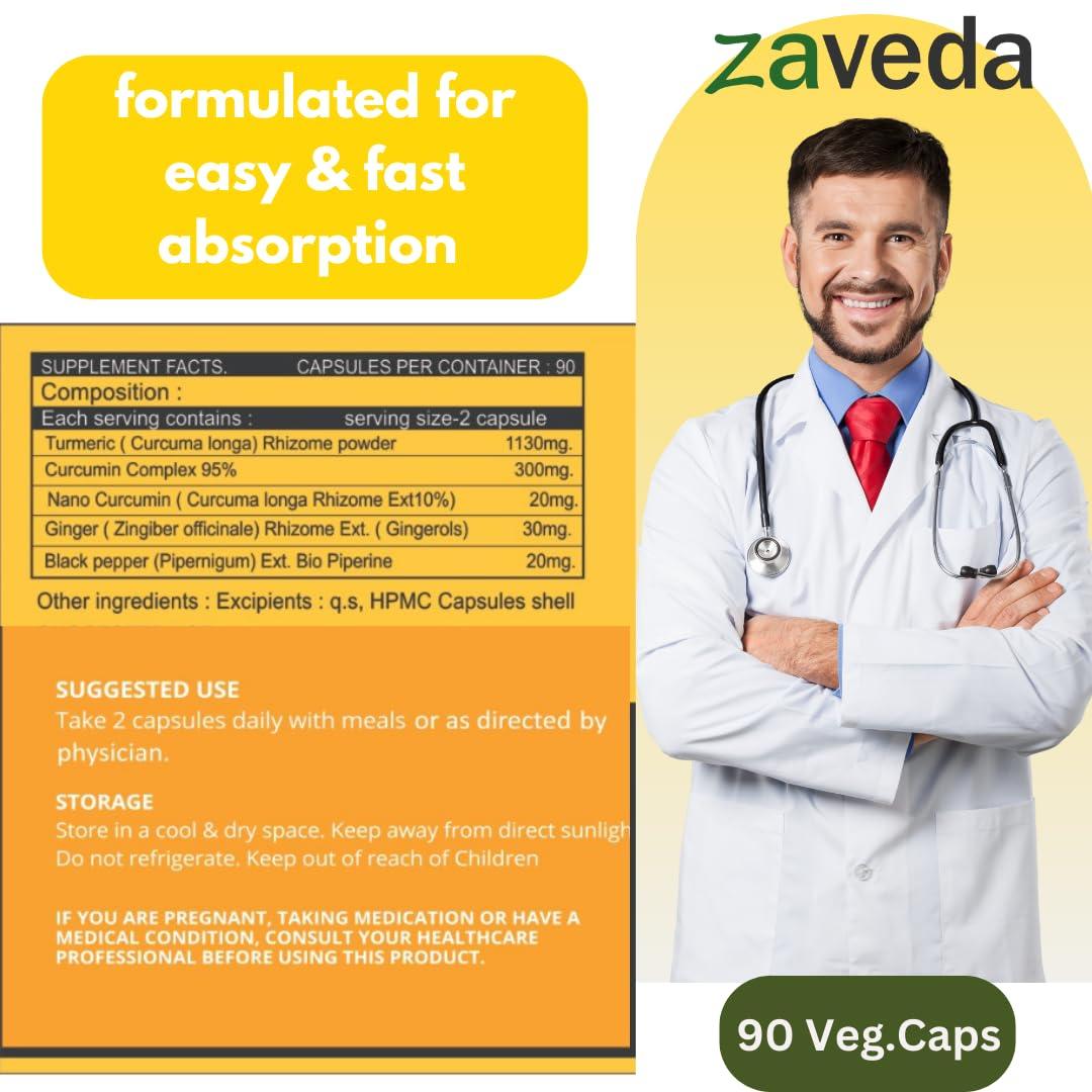 Zaveda ZAVEDA Curcumin Plus 1500mg | Pure Nano Curcumin with Biopiperine and Curcumin complex | 90 Veg.Caps | Joint Support | Immunity | Even Skin tone | Antioxidant & Anti-inflammatory | Fast absorption