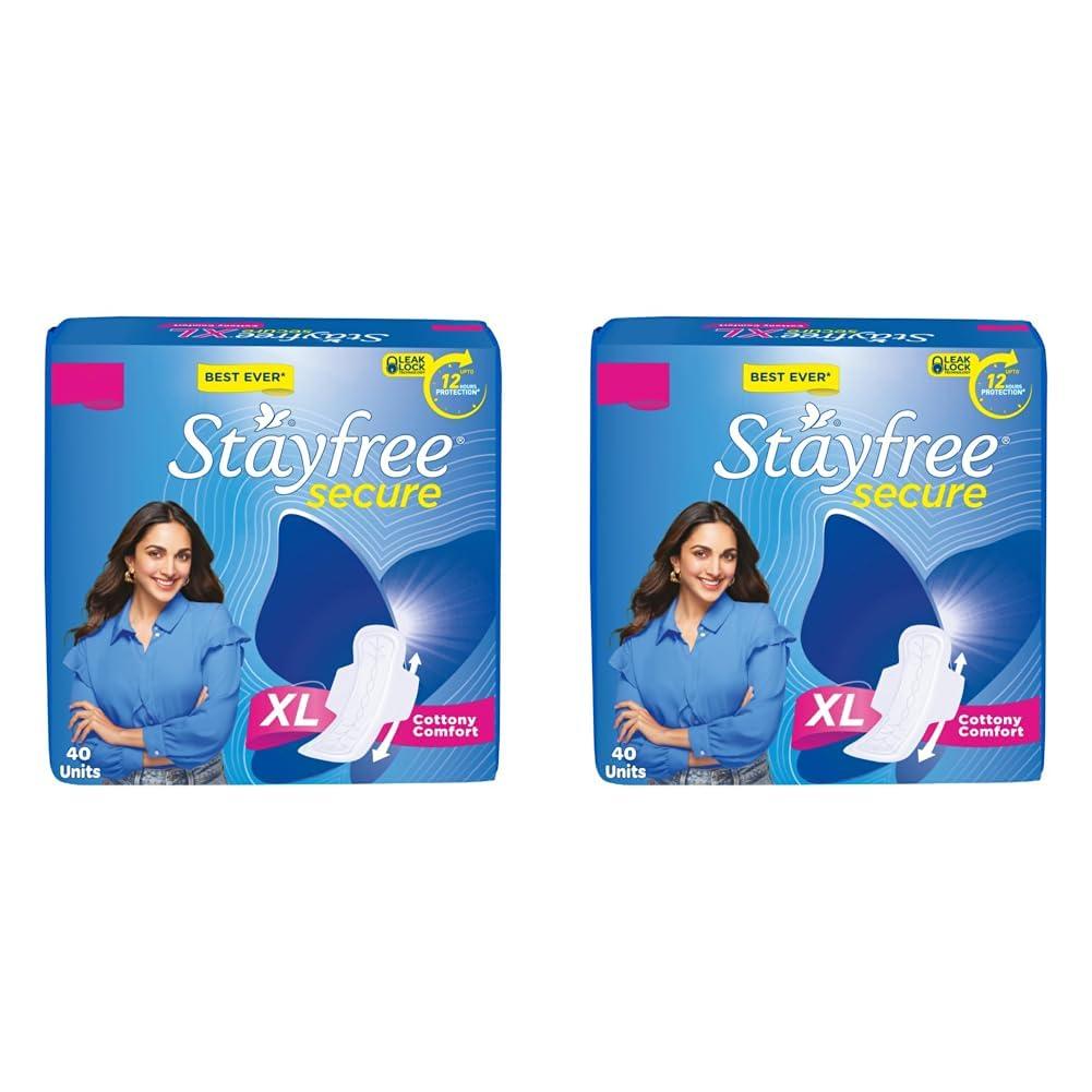 Stayfree Stayfree Secure xl | Cottony Soft Sanitary Pads for Women | With LeakLock Technology | Odour Control | Absorbs upto 100% fluid | Up to 12 Hours of Protection | 40 Pads (Pack of 2)