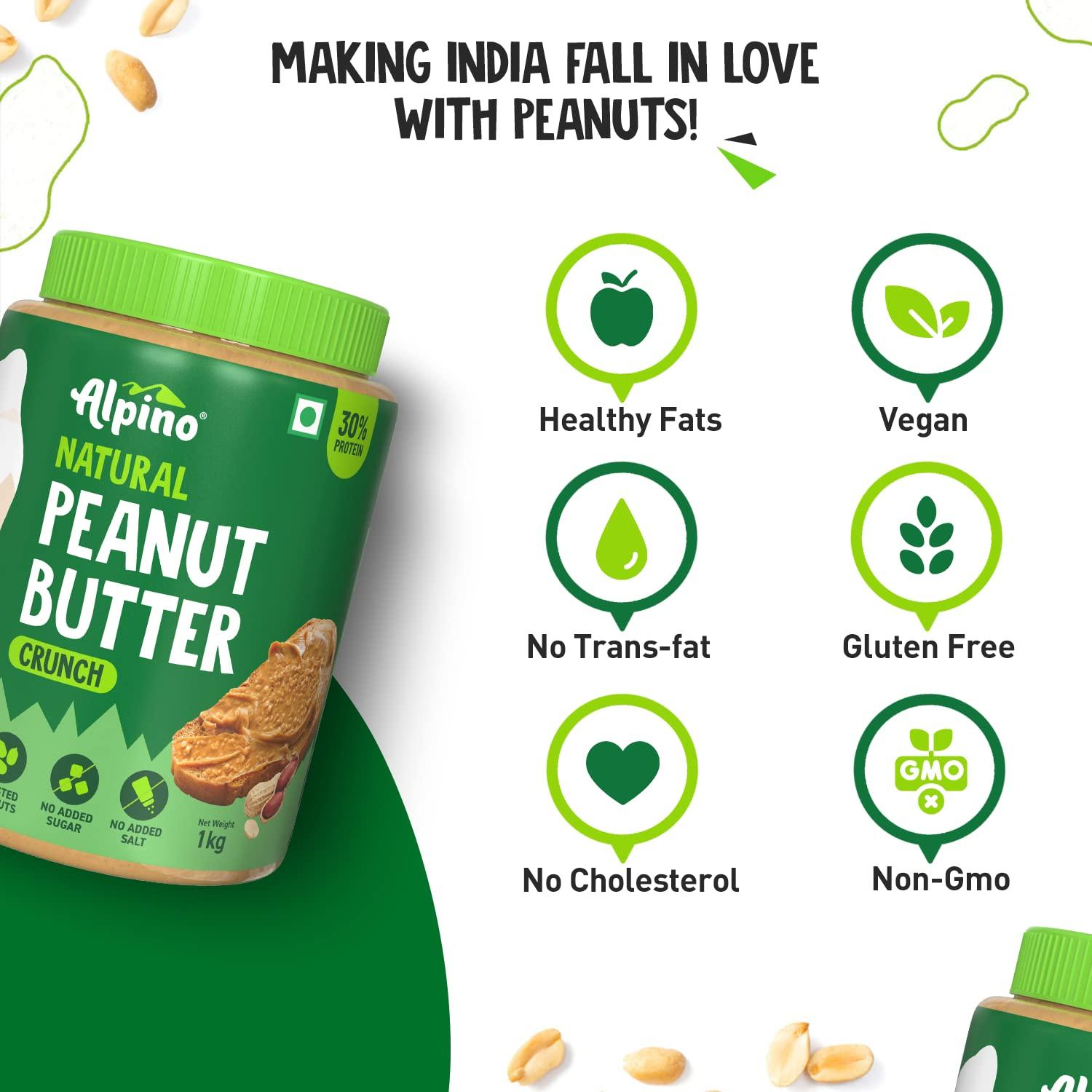 Alpino ALPINO Natural Peanut Butter Crunch 2kg - 100% Roasted Peanuts - 30g Protein, No Added Sugar & Salt, Gluten Free Plant Based, Unsweetened Peanut Butter Crunchy - 1kg, Pack of 2