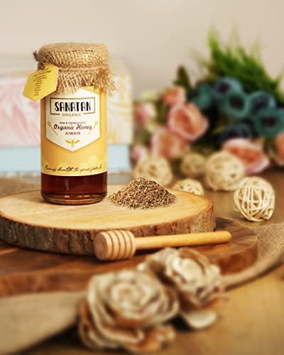 SANATAN ORGANIC Sanatan Organic Unprocessed and certified organic 100% Natural &Pure Ajwain Honey cures Gastric,Acidity,help in digestion|Preservative free|No artificals|No Added Sugar|Mono Flora Honey-250g Glass Jar