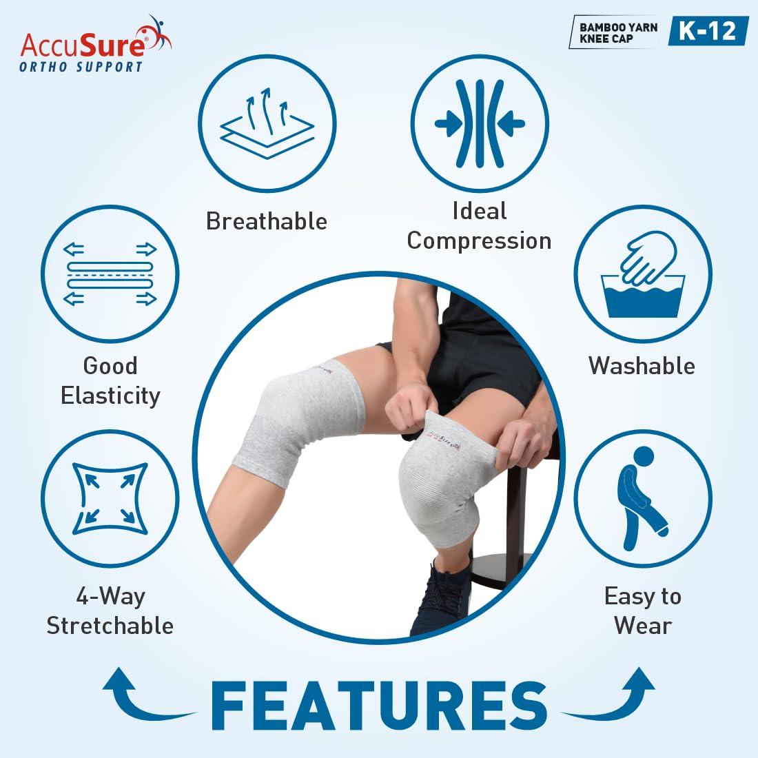 AccuSure AccuSure Orthopedic Pain Relief Bamboo Yarn Knee Support Cap Brace/Sleeves Pair For Sports, Pain Relief, Knee Compression Support, Exercise, Gym, Running, Cycling, Knee Cap Guard Brace Knee Support For Men And Women-Medium