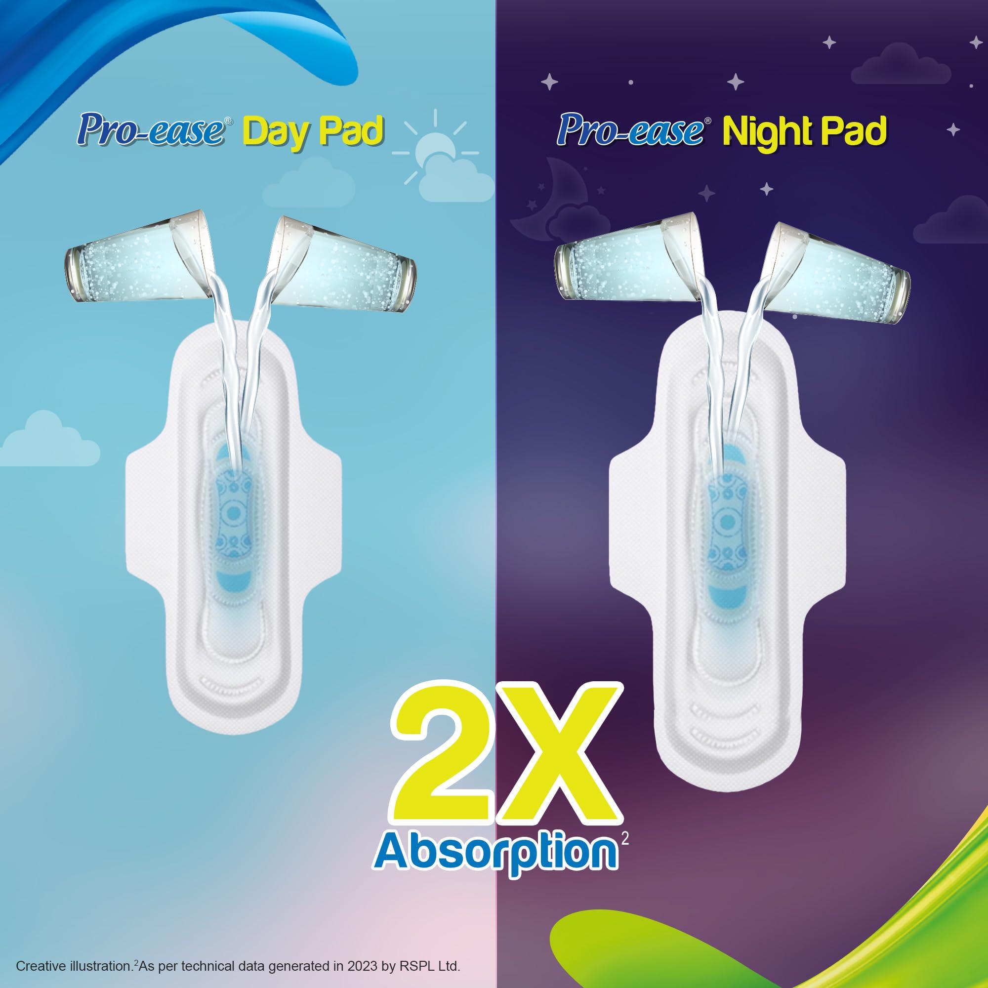 Pro Ease Pro-Ease Day & Night Sanitary Pads Combo Pack | Pack of 20 Pads | Sanitary Pads for Women| 2X Absorption* | Bigger Pads | Better Protection at Night | Secure Sticking Pads