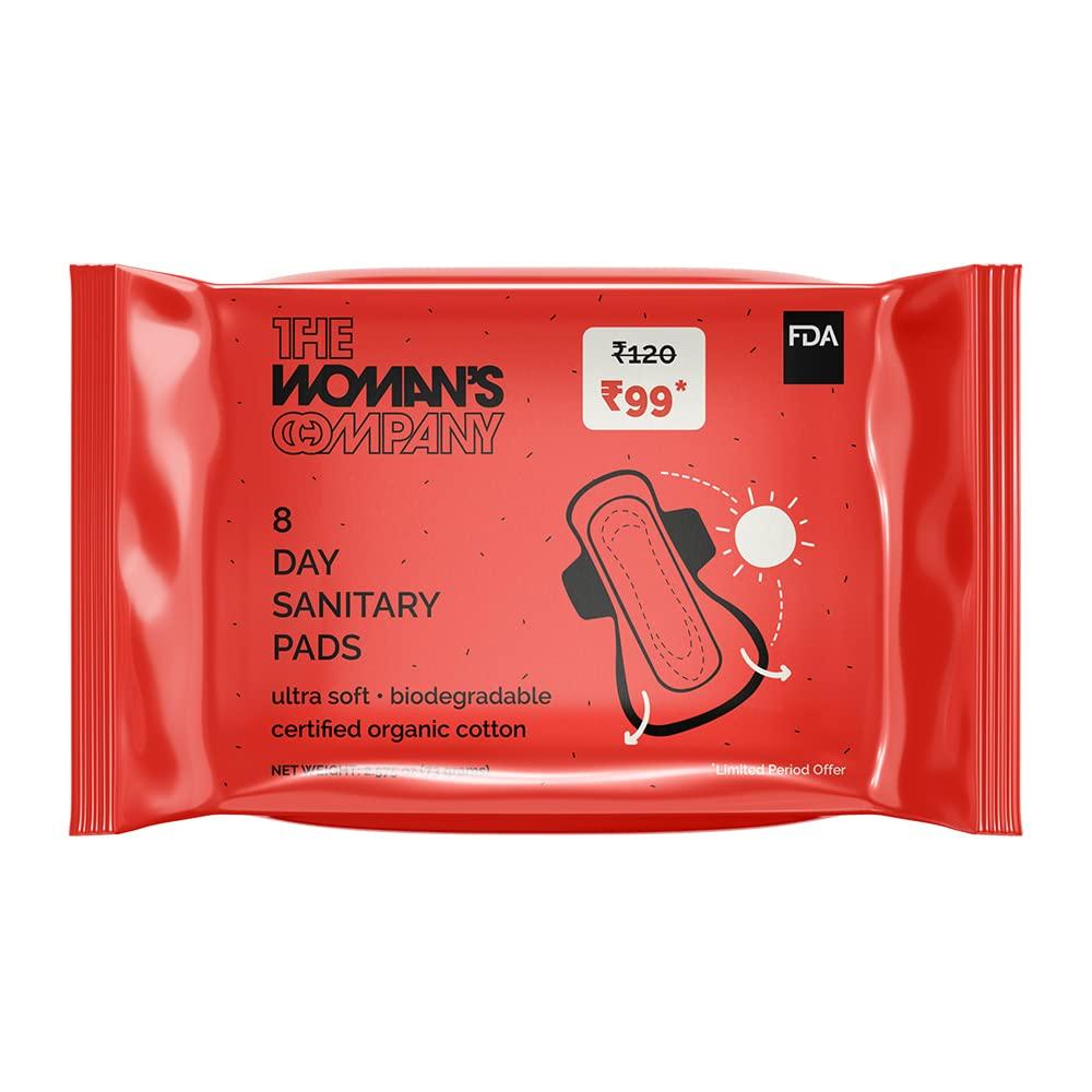 THE WOMAN'S COMPANY The Woman's Company Day Sanitary Pads for Women Value Pack of 16 | Organic Cotton Napkins Antibacterial, Biodegradable & Rash-Proof Pad for Regular Flow